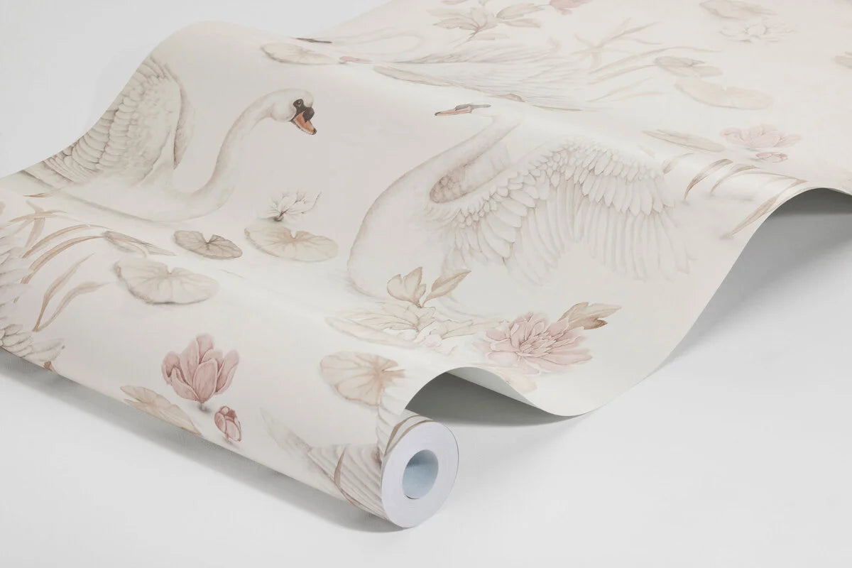 Children's wallpaper with a floral and animal motif LILY SWAN cream
