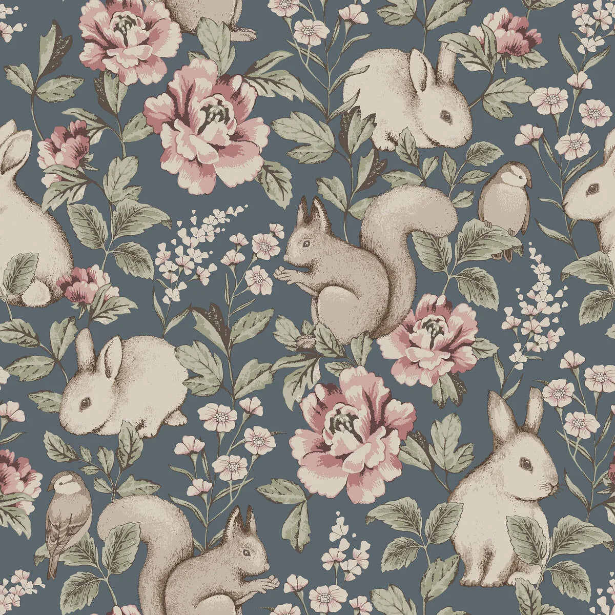Children's wallpaper with a plant and animal theme MAGIC FOREST navy blue