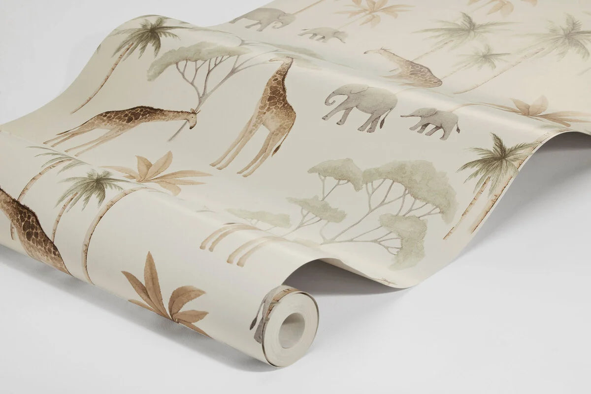 Savannah Cream Children's Wallpaper with Plant and Animal Motif