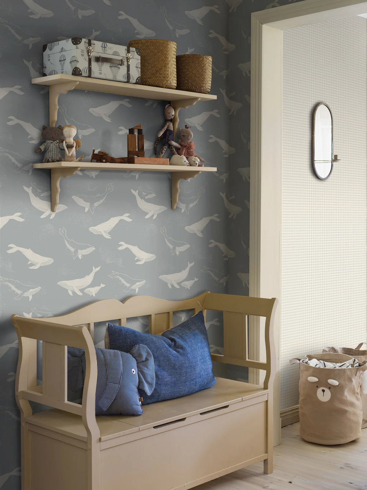 Children's wallpaper with a whale animal motif in blue and white