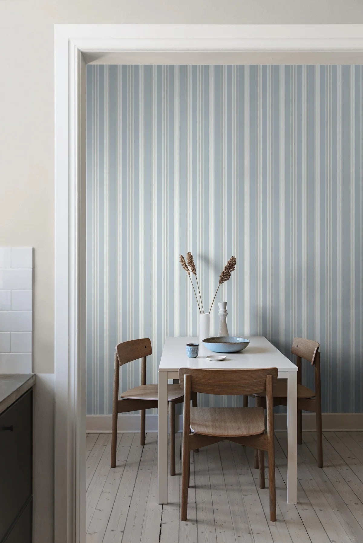 GUNNEBO Light Blue Striped Wallpaper with White