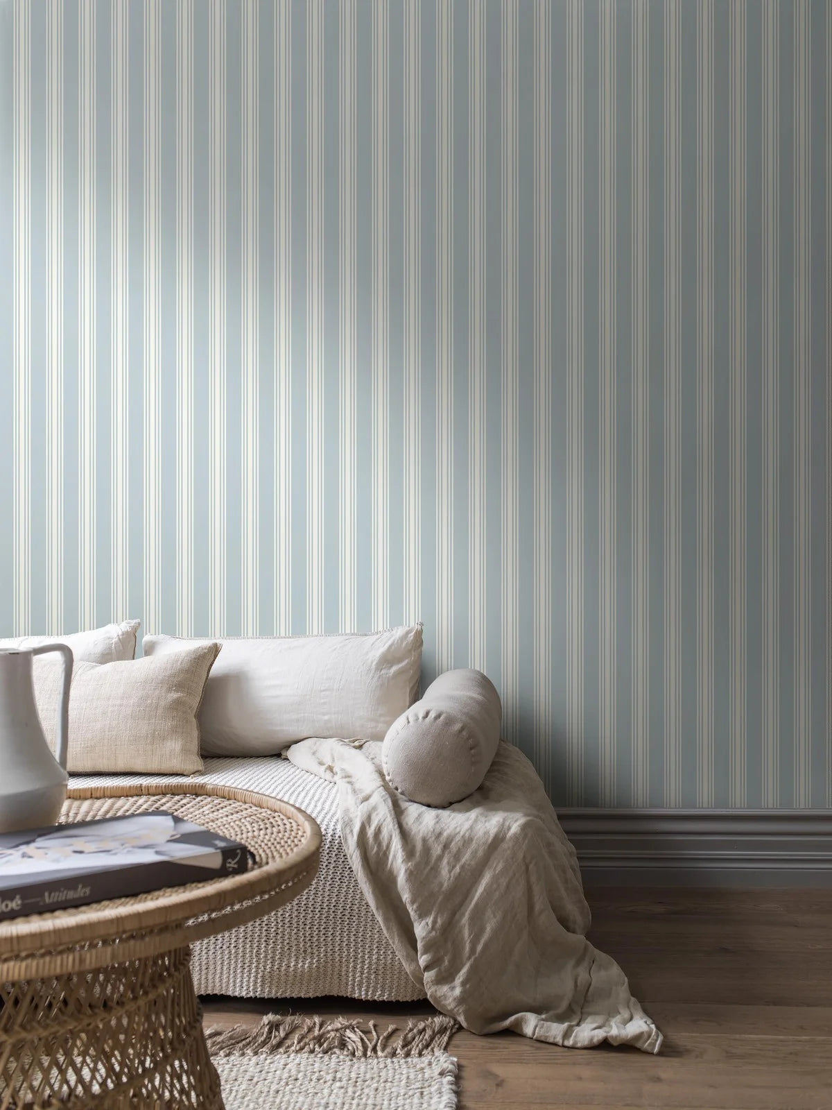 GUNNEBO Light Blue Striped Wallpaper with White