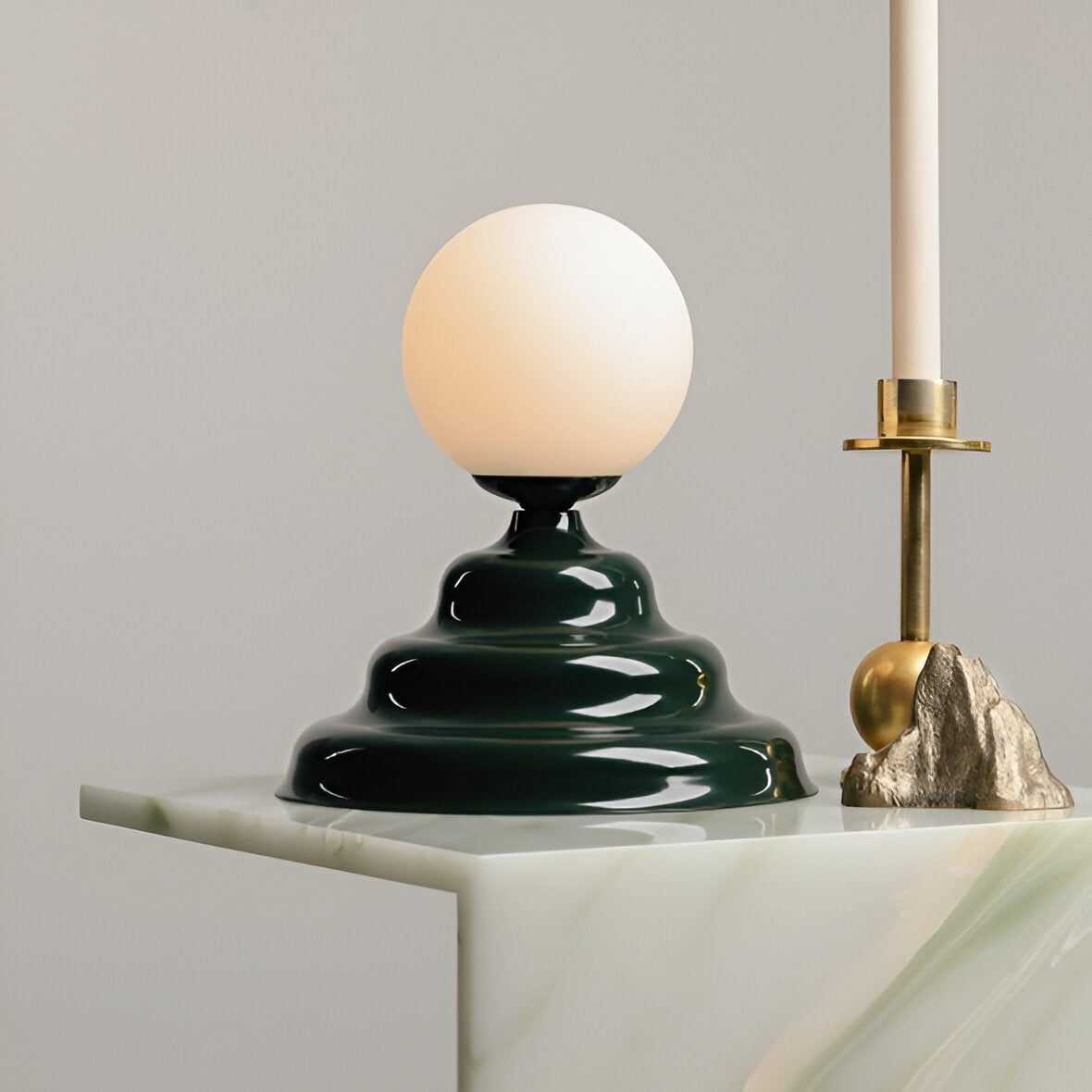 Table lamp with a glass lampshade green wave
