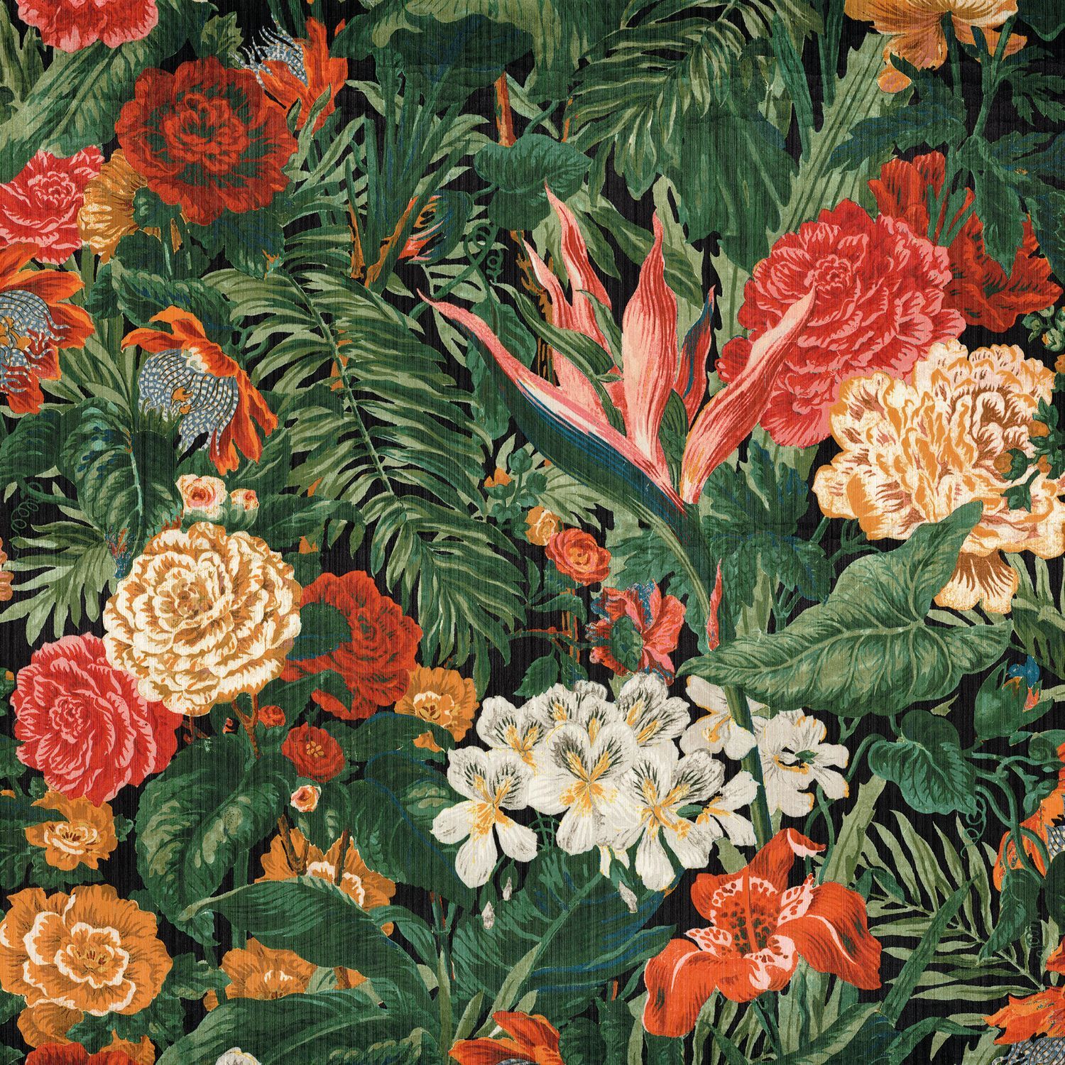 Textile wallpaper with a floral pattern of flowers and leaves EGLANTYNE - VERT MULTICO green with red