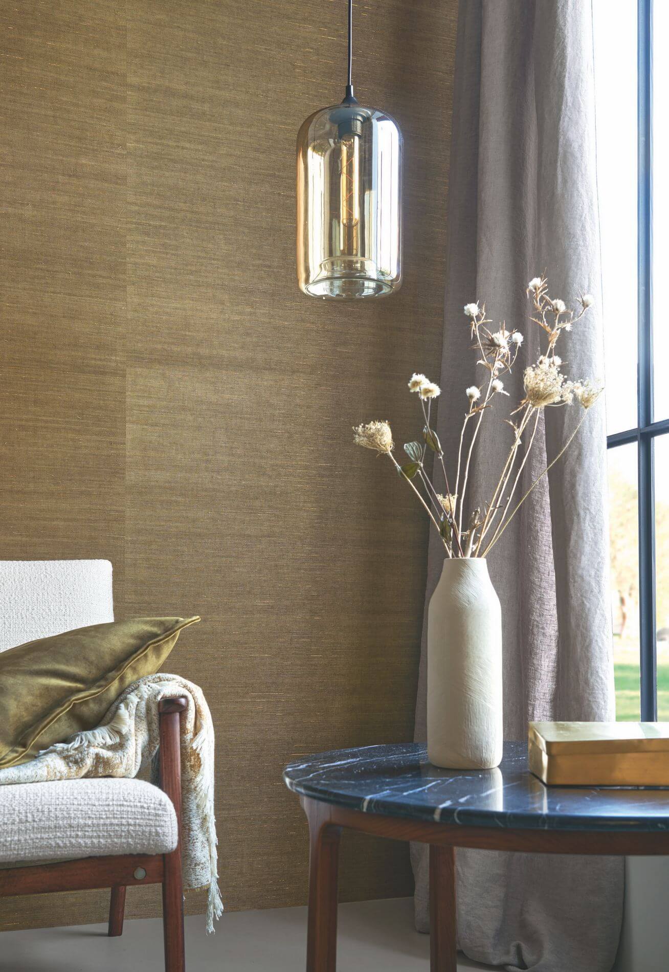 Natural structural wallpaper imitating agave leaves STRIATA - IVORY/OR ivory with brown