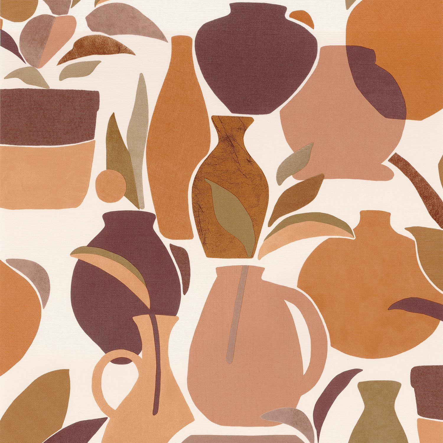 Structural wallpaper with vase motif VALLAURIS - TERRE DE SIENNE/NUDE terracotta with bronze