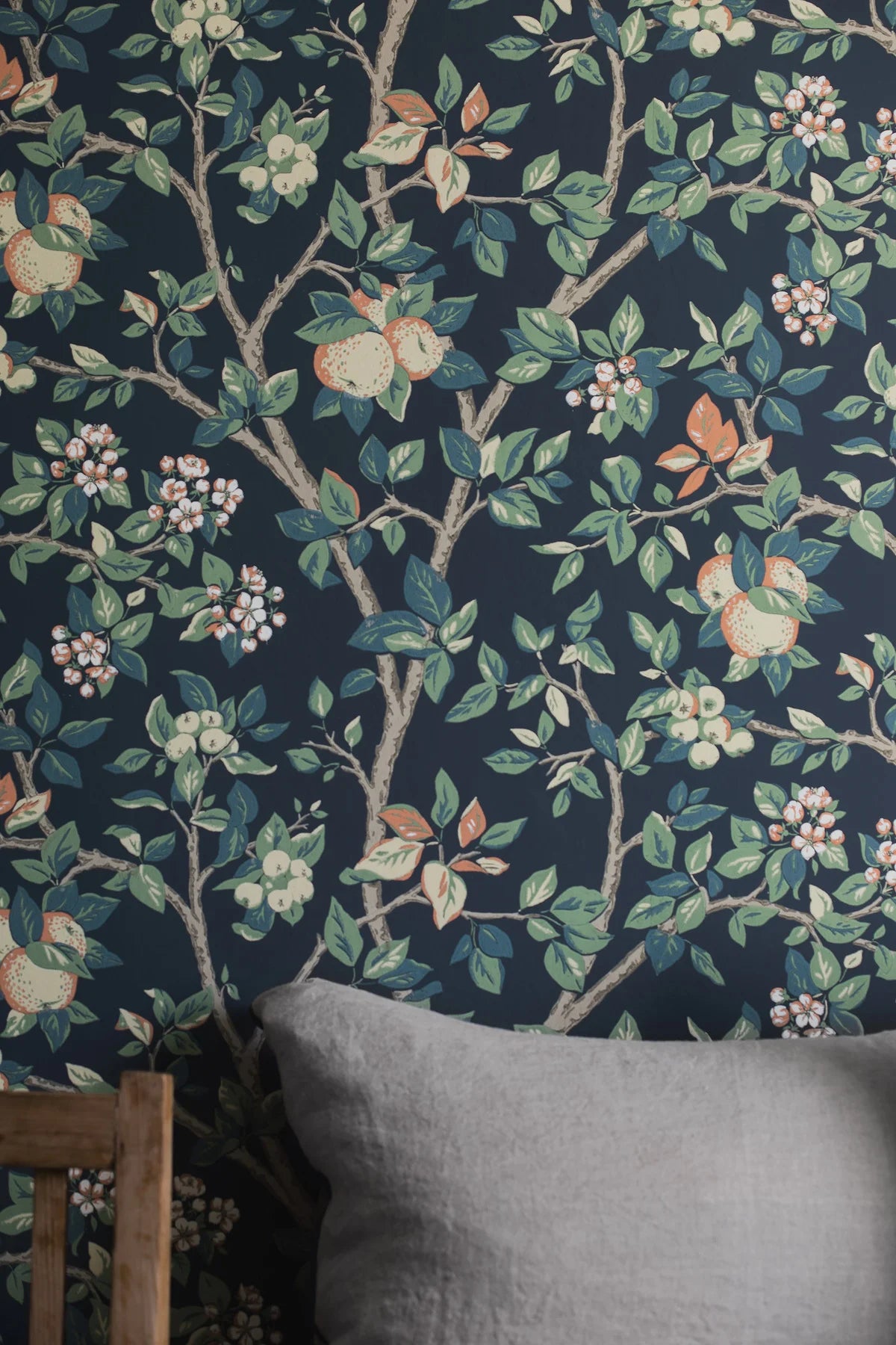Wallpaper with a fruit tree plant pattern INGRID MARIE dark blue with green