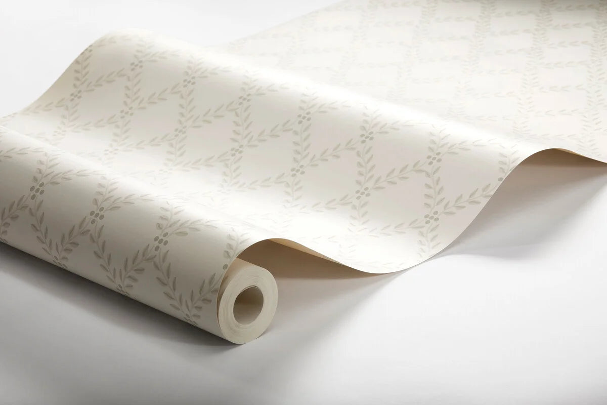 Wallpaper with a geometric plant pattern of leaves TRELLIS LEAVES beige