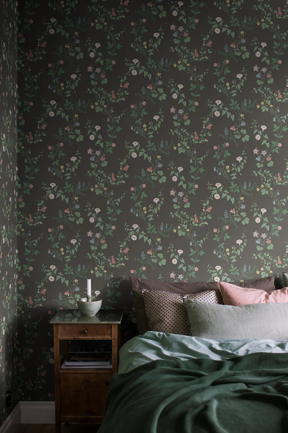 MIDSUMMER EVE dark brown floral and leaf patterned wallpaper with green