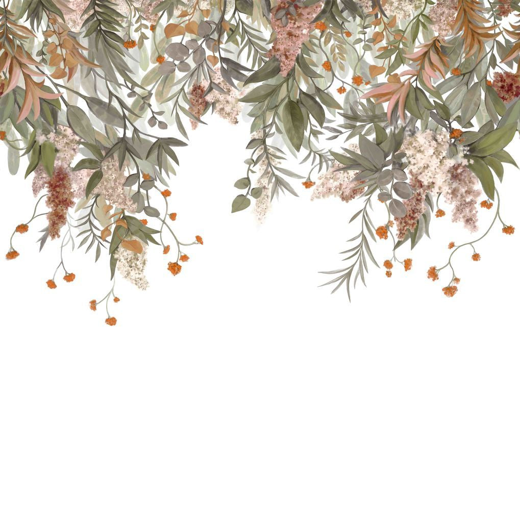 Mural with a plant motif of WISTERIA leaves in green and powder pink