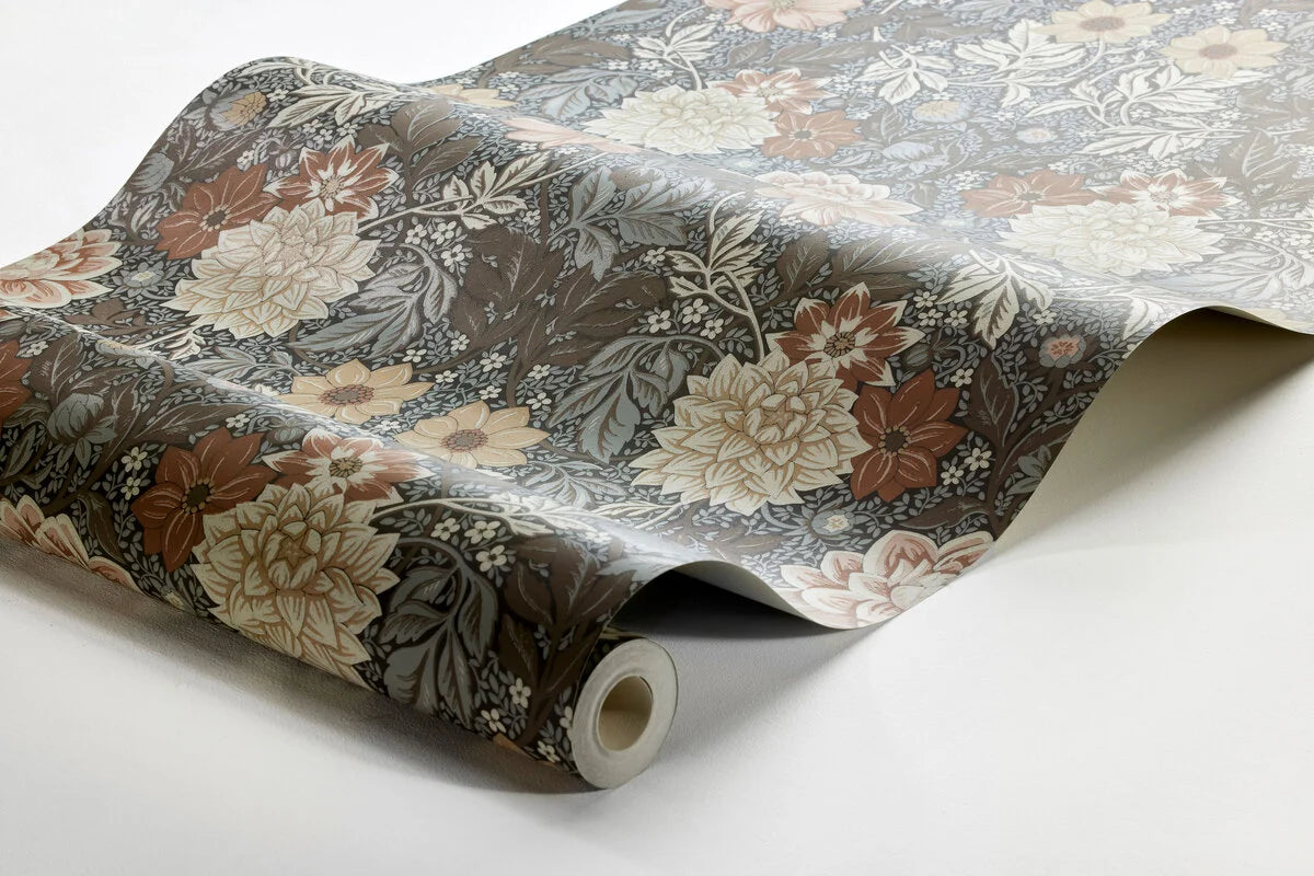 Vlies-Tapete mit Pflanzenmuster DAHLIA GARDEN braun mit beige und rosa