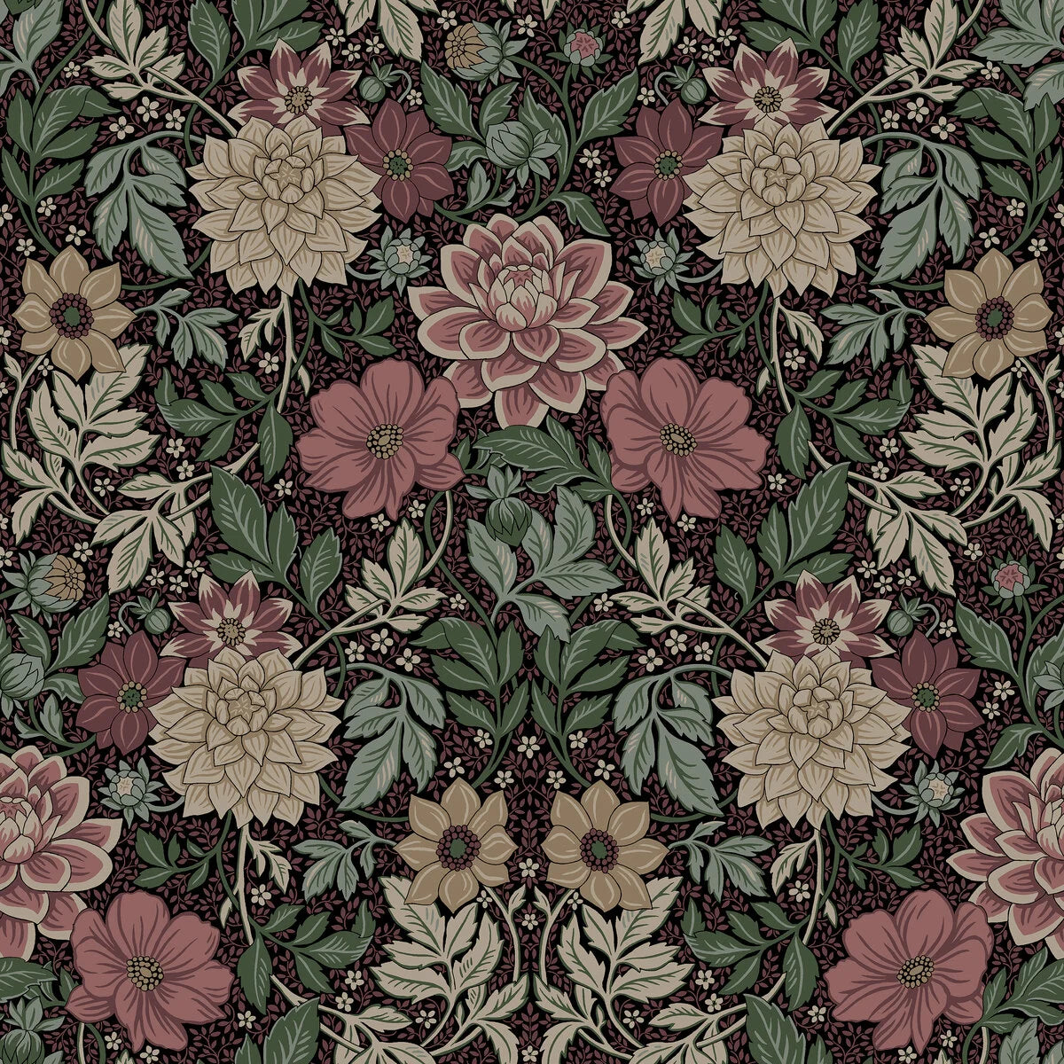 Non-woven paper wallpaper with a floral pattern DAHLIA GARDEN in dusty pink with green
