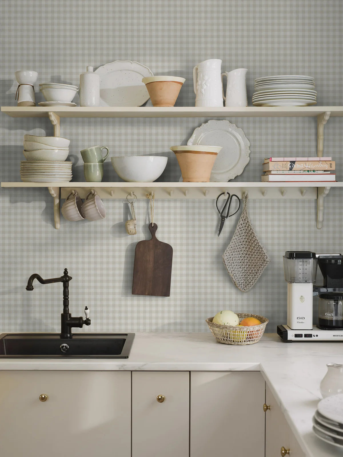 Structural wallpaper imitating linen in plaid PICNIC CHECK gray with beige