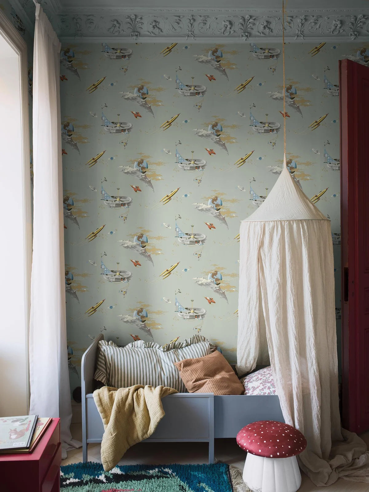 Children's wallpaper with a space theme SPACE ADVENTURE muted green