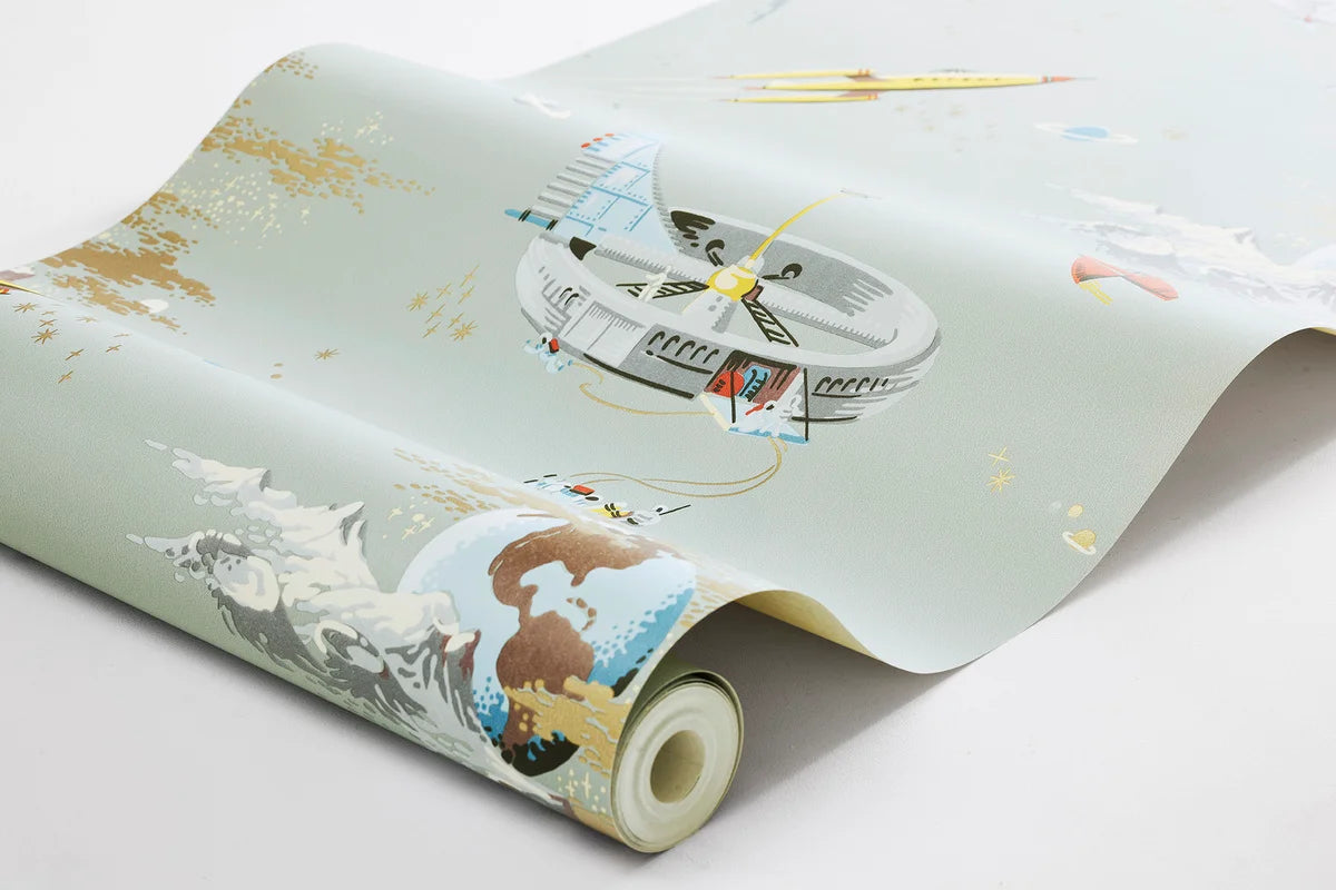 Children's wallpaper with a space theme SPACE ADVENTURE muted green