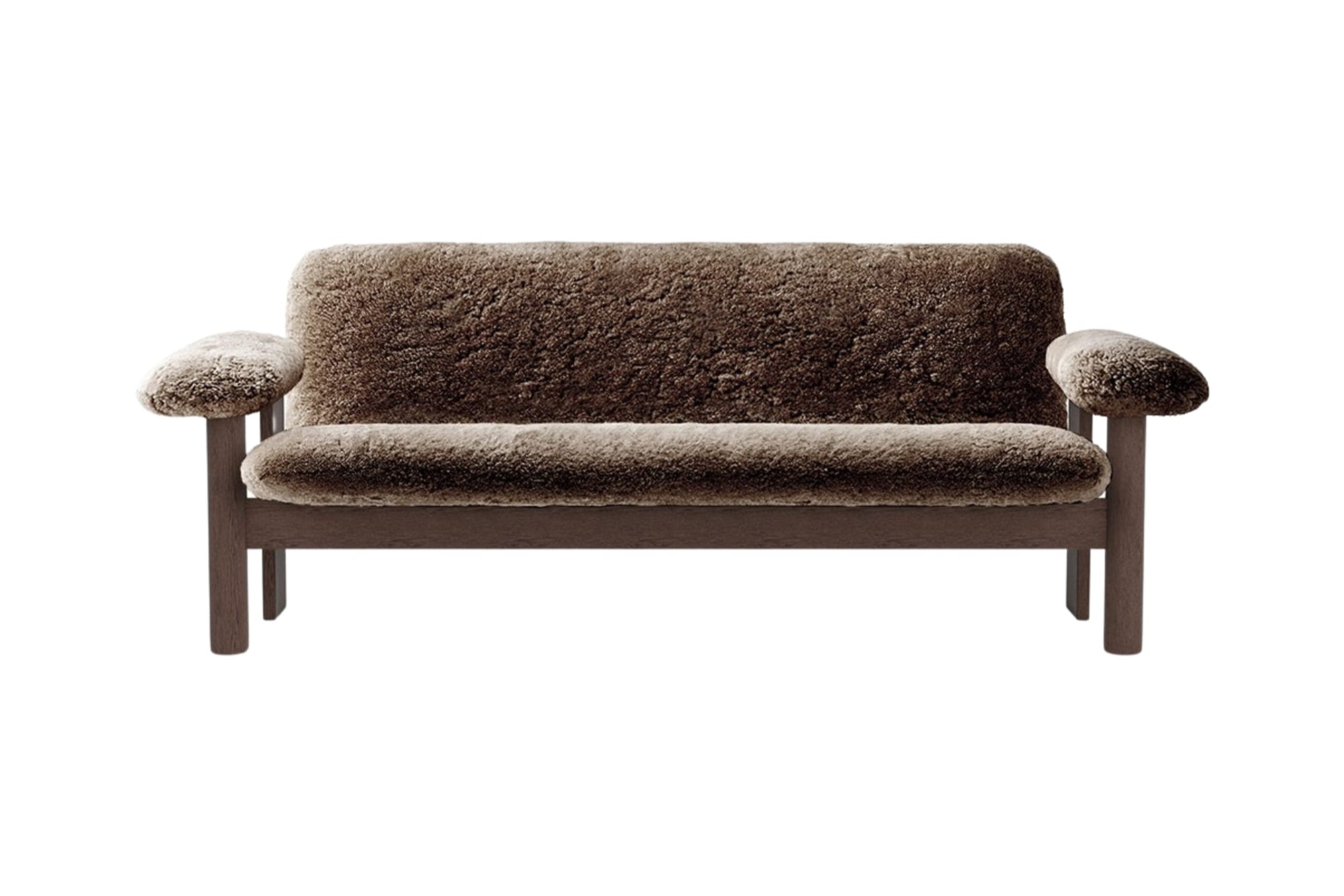 Sofa BRASILIA brązowa skóra owcza z ciemną dębową podstawą