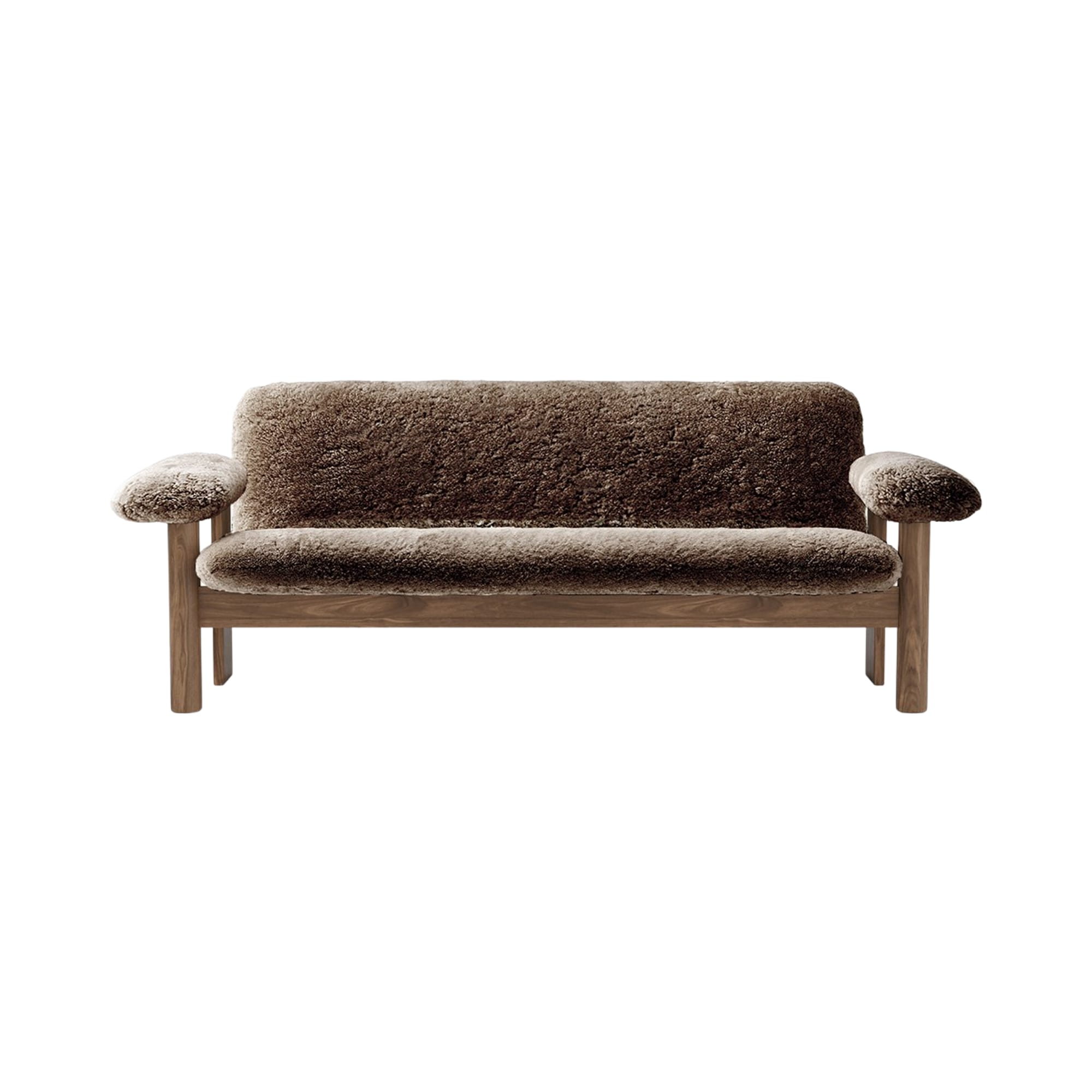 Sofa BRASILIA brązowa skóra owcza z orzechową podstawą