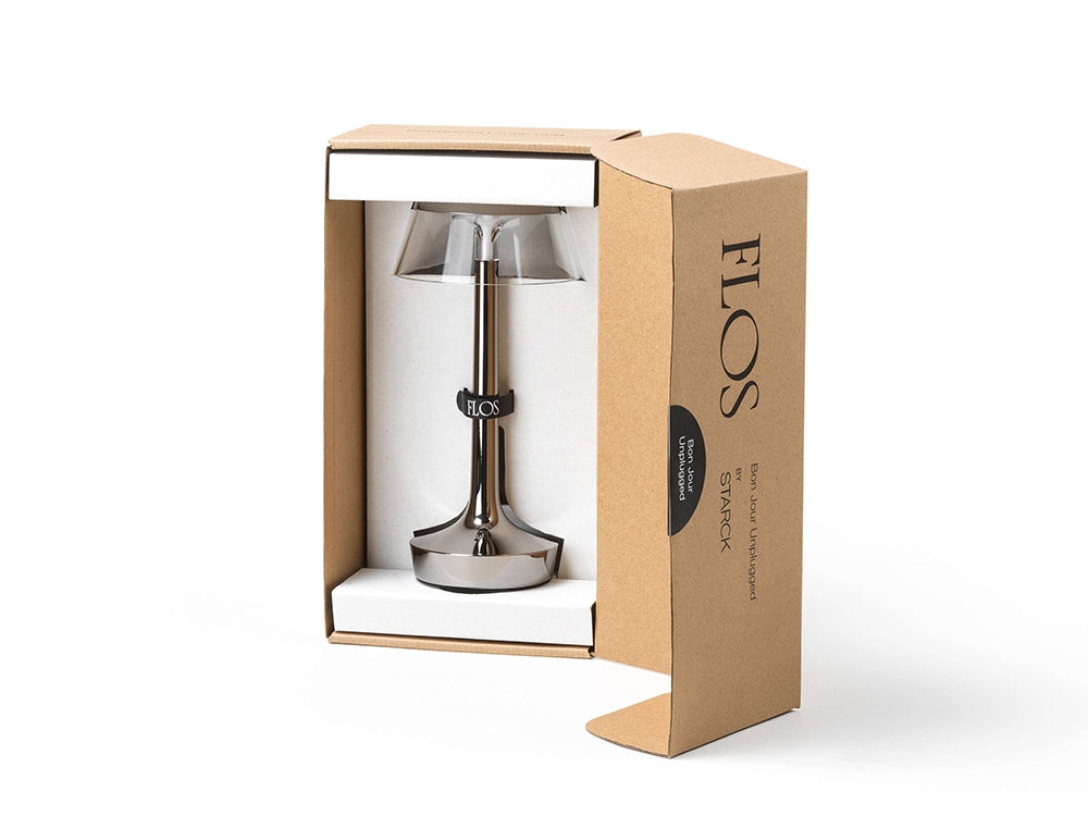 Portable lamp BON JOUR UNPLUGGED chrome with transparent shade