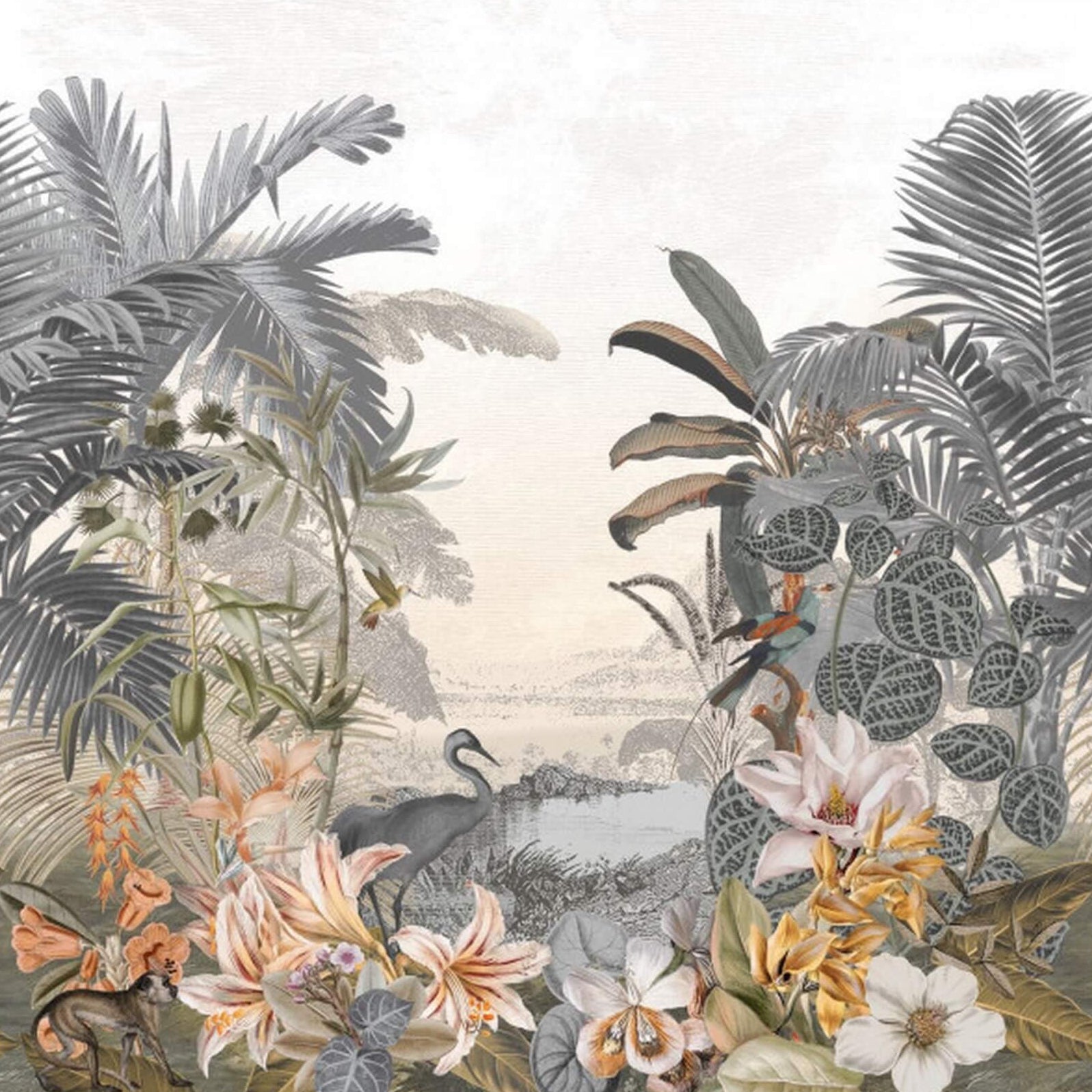 Textile mural with exotic landscape PARAIBA muted blue with beige