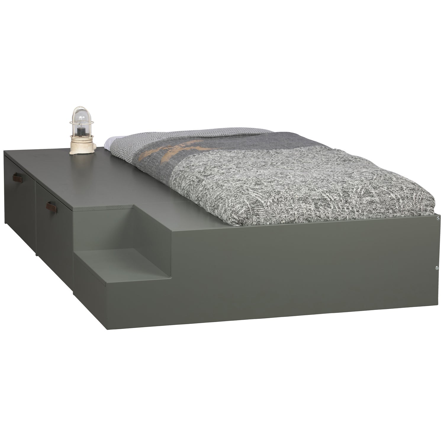 Stage Bed with Drawers in Gray-Green