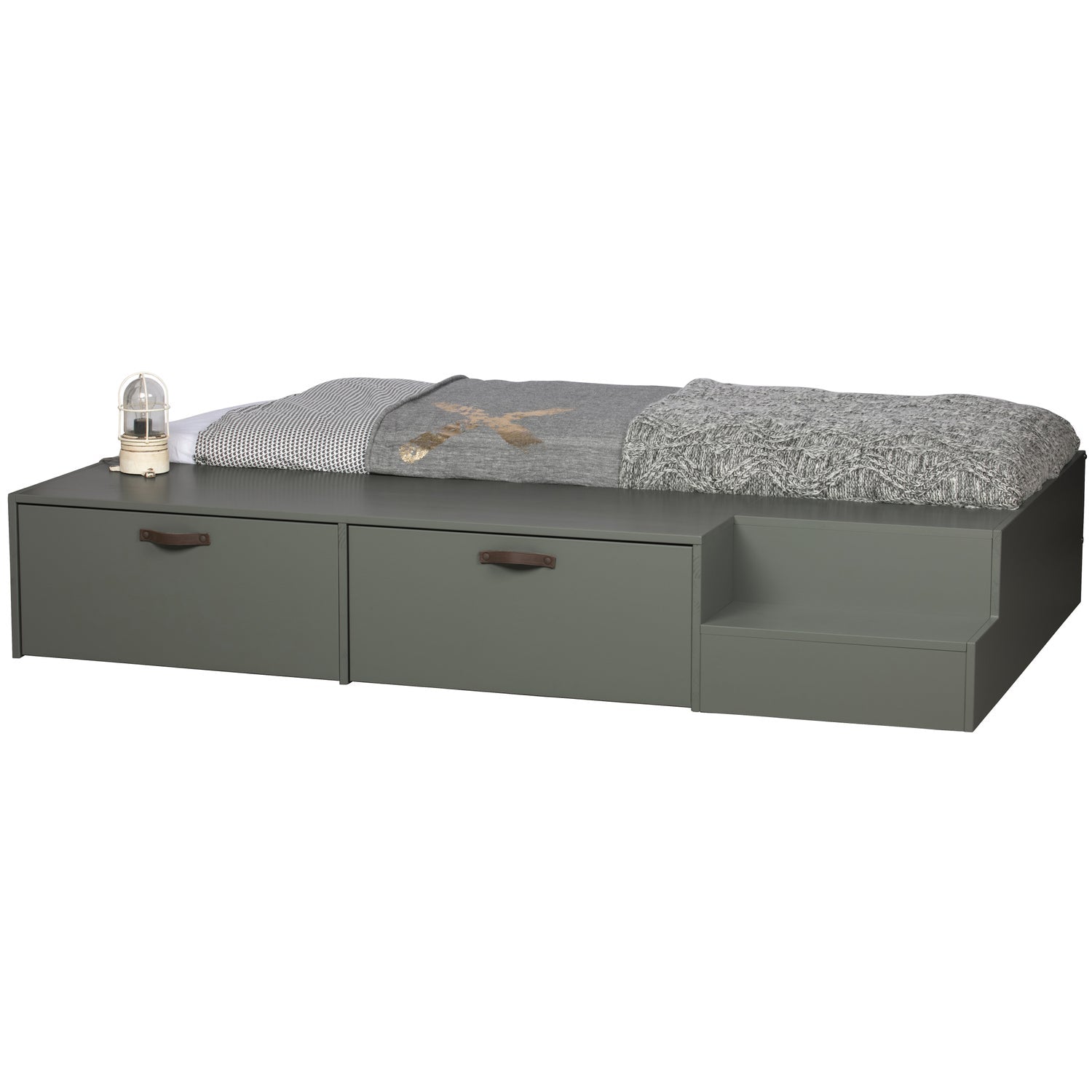 Stage Bed with Drawers in Gray-Green