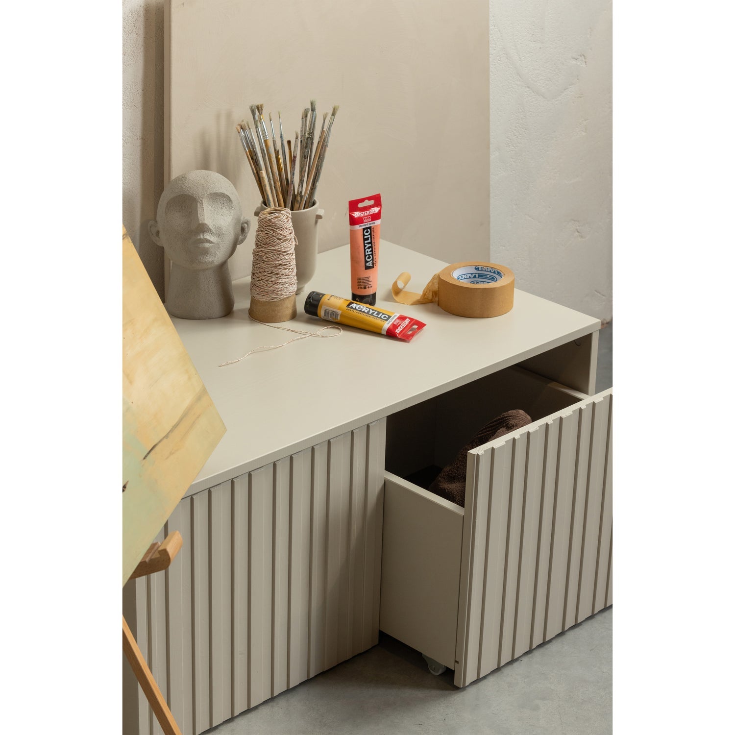 Bench with gravure drawers gray pine wood