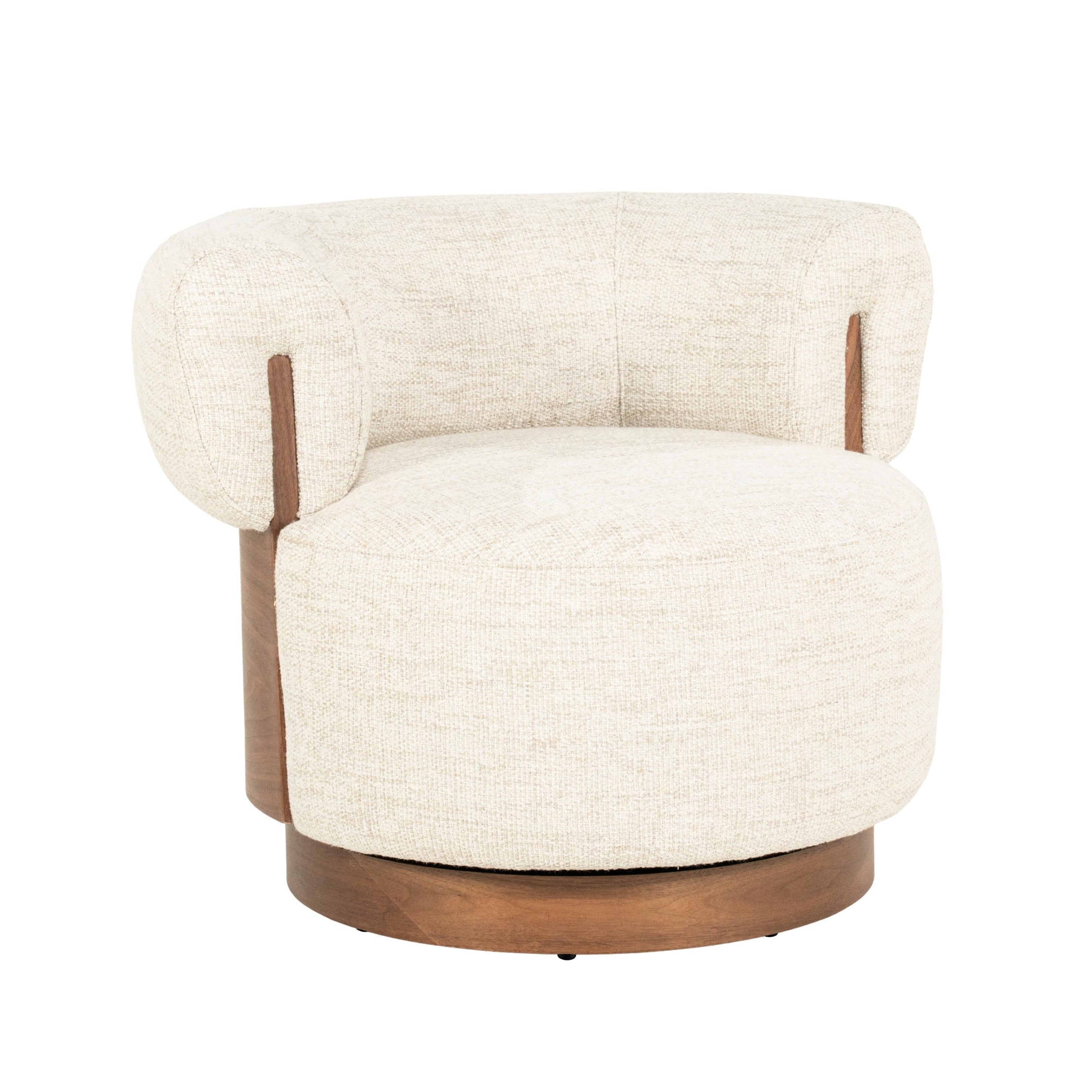 Beige swivel armchair NILA with a wooden frame