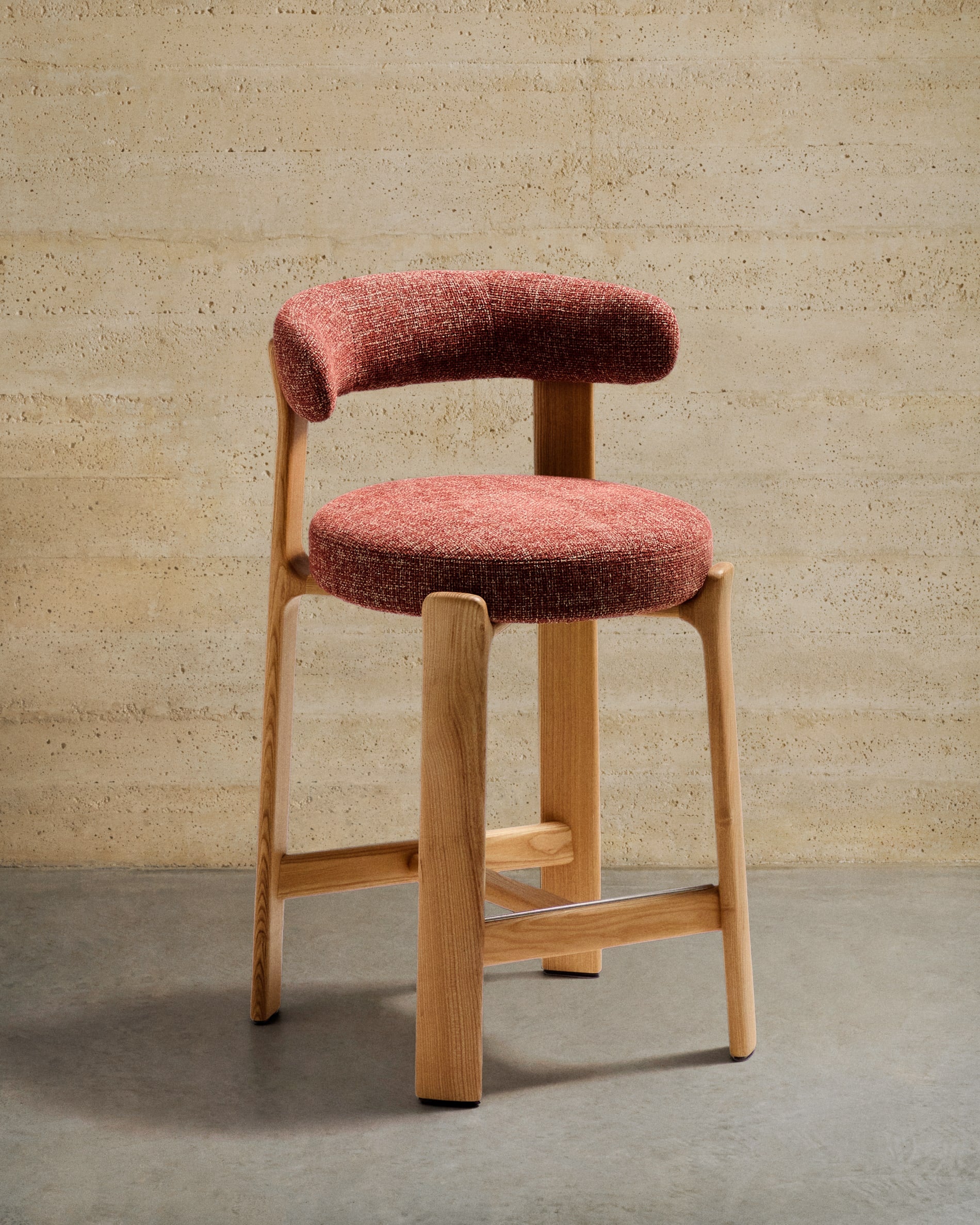 GRANITE red chenille stool with an ash base