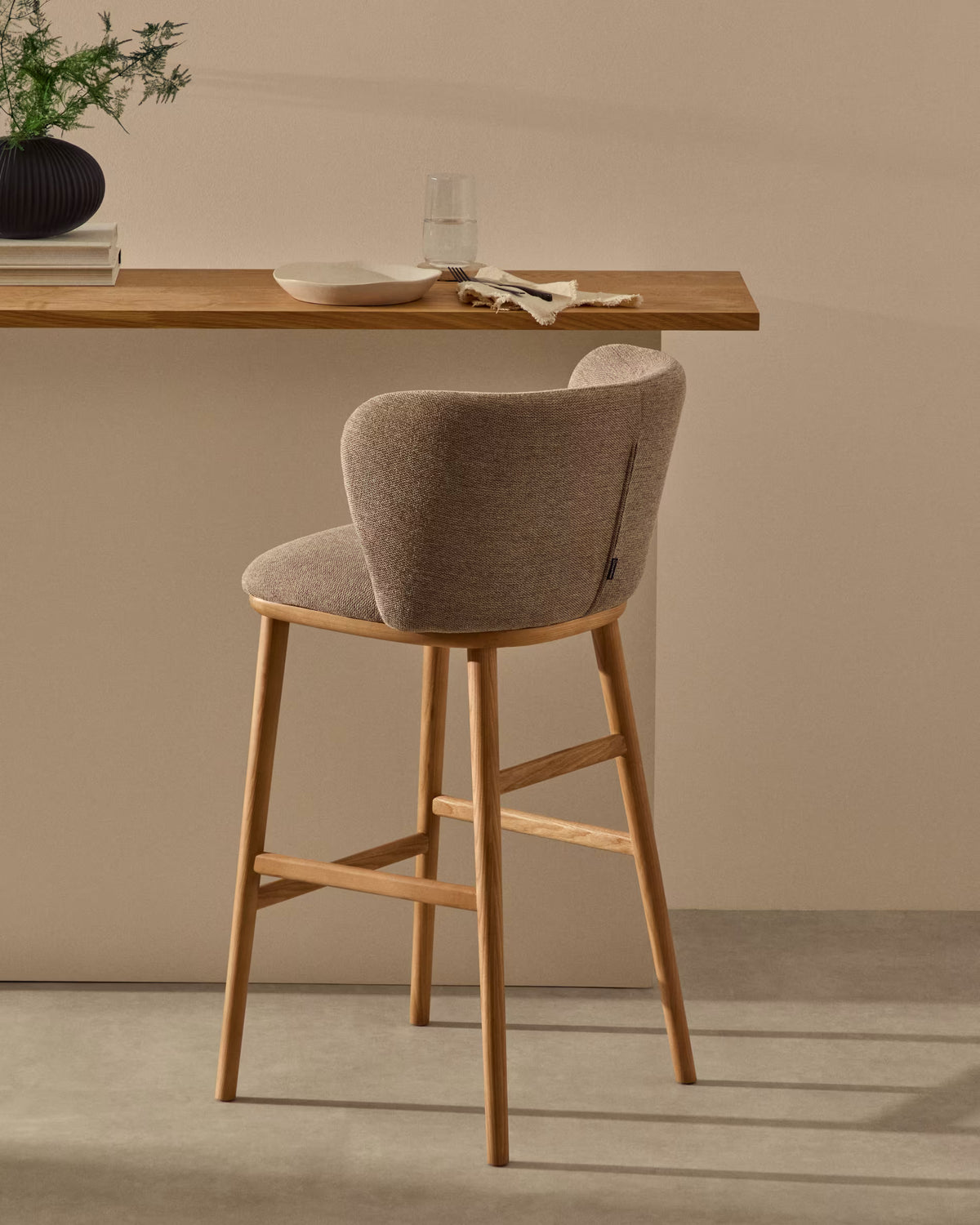 Bar Stool CISELIA Light Brown Chenille with Light Ash Base