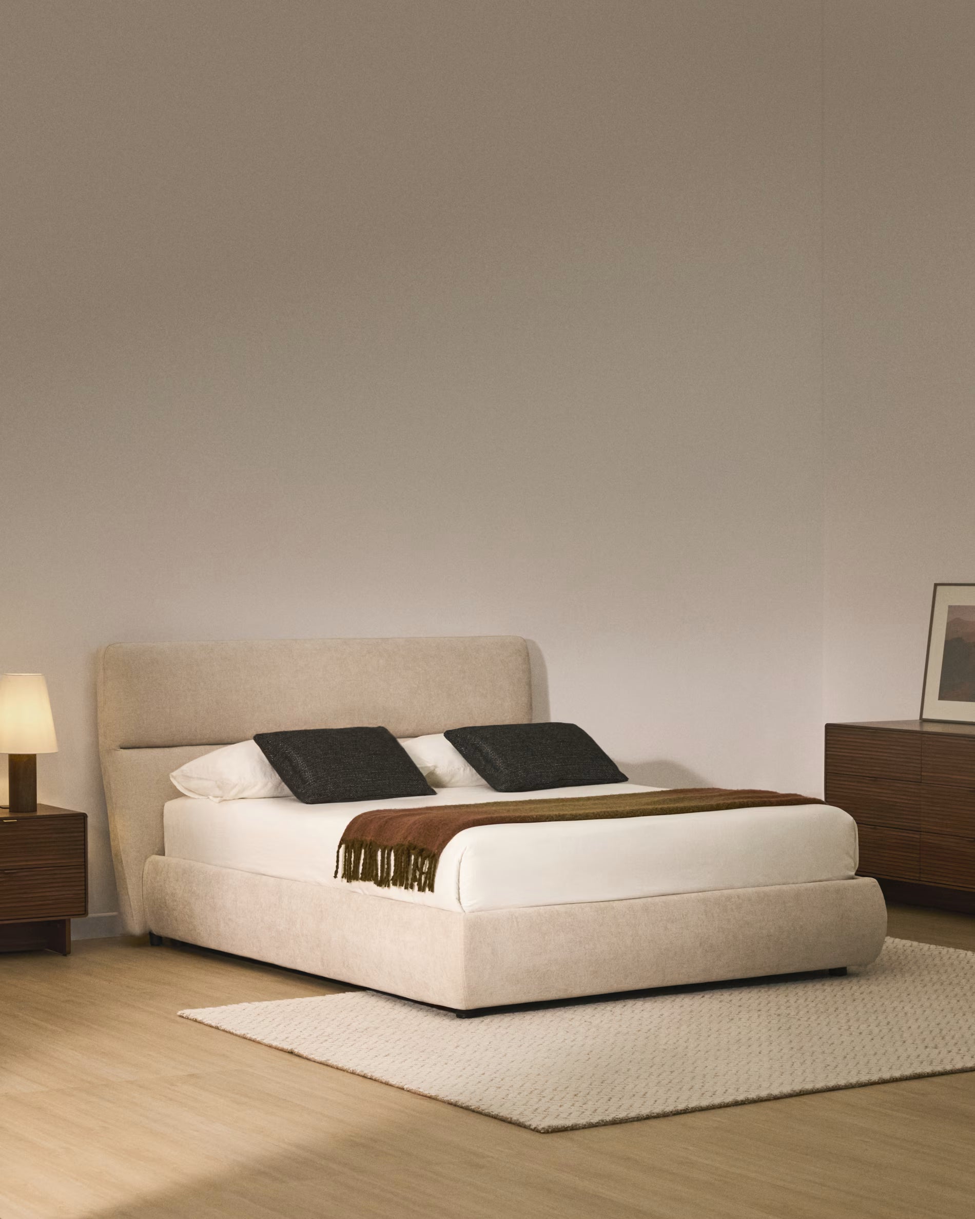 Bed with bedding storage DAFRA beige chenille