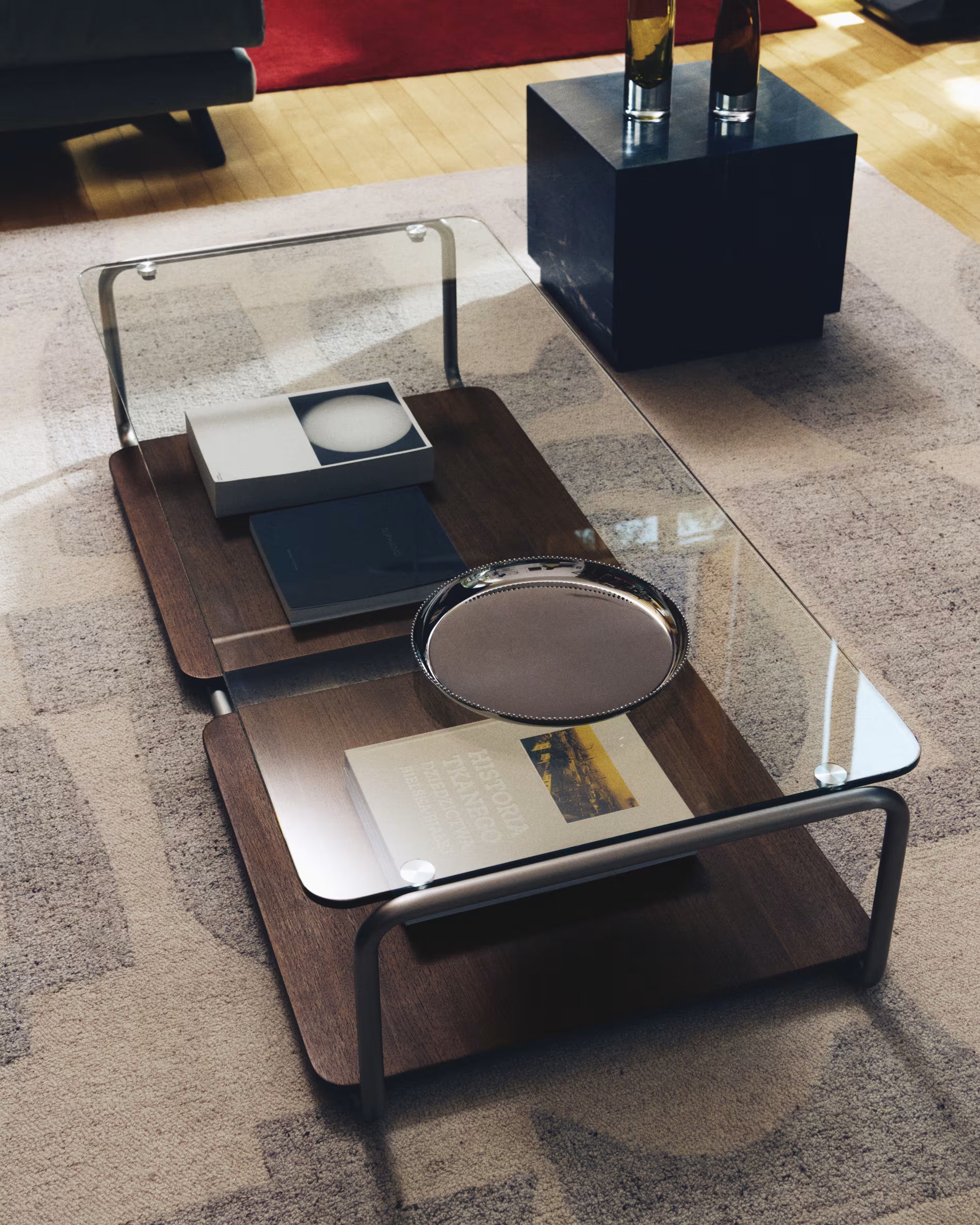 TARSEL dark brown coffee table with walnut veneer and steel base