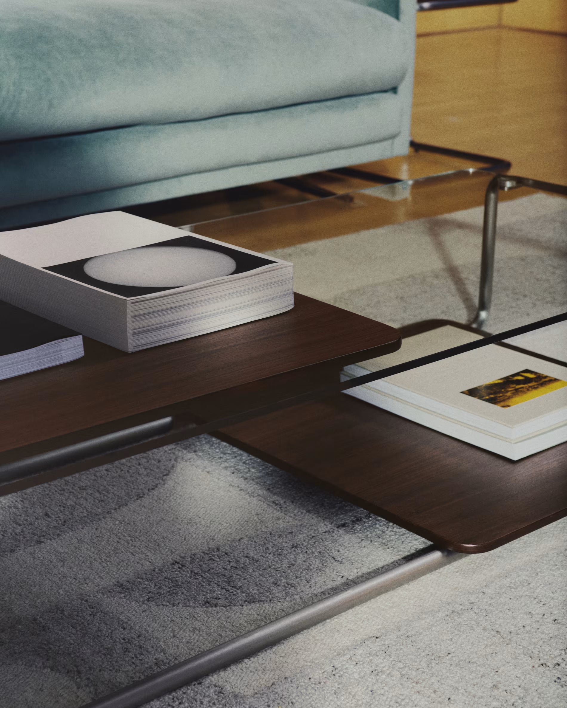 TARSEL dark brown coffee table with walnut veneer and steel base