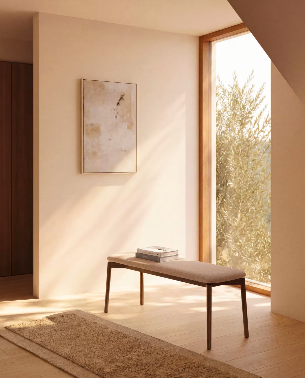 EVERA bench in beige chenille with a dark veneered oak base.
