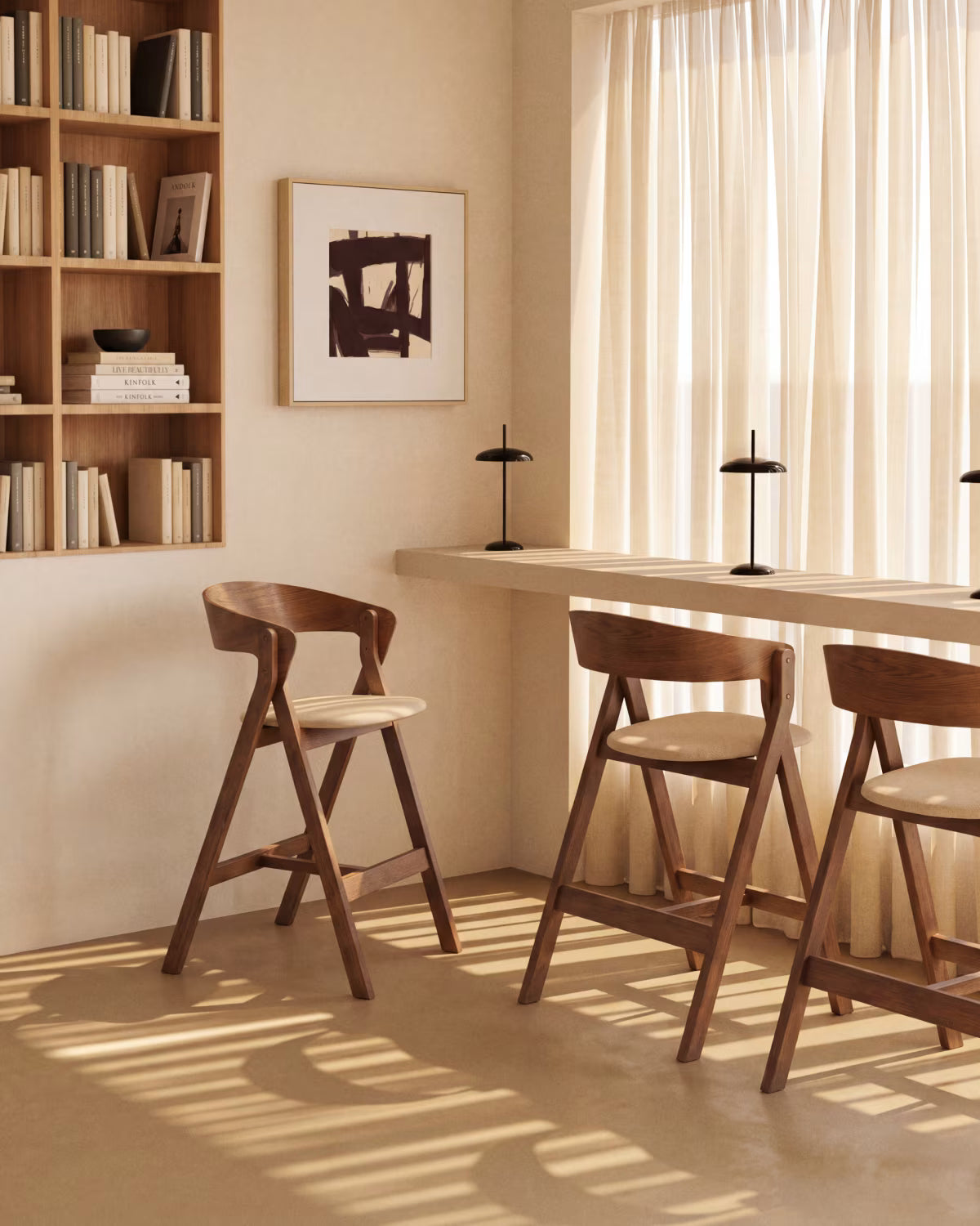 GODIA Bar Stool in Beige Chenille with a Dark Veneered Oak Base