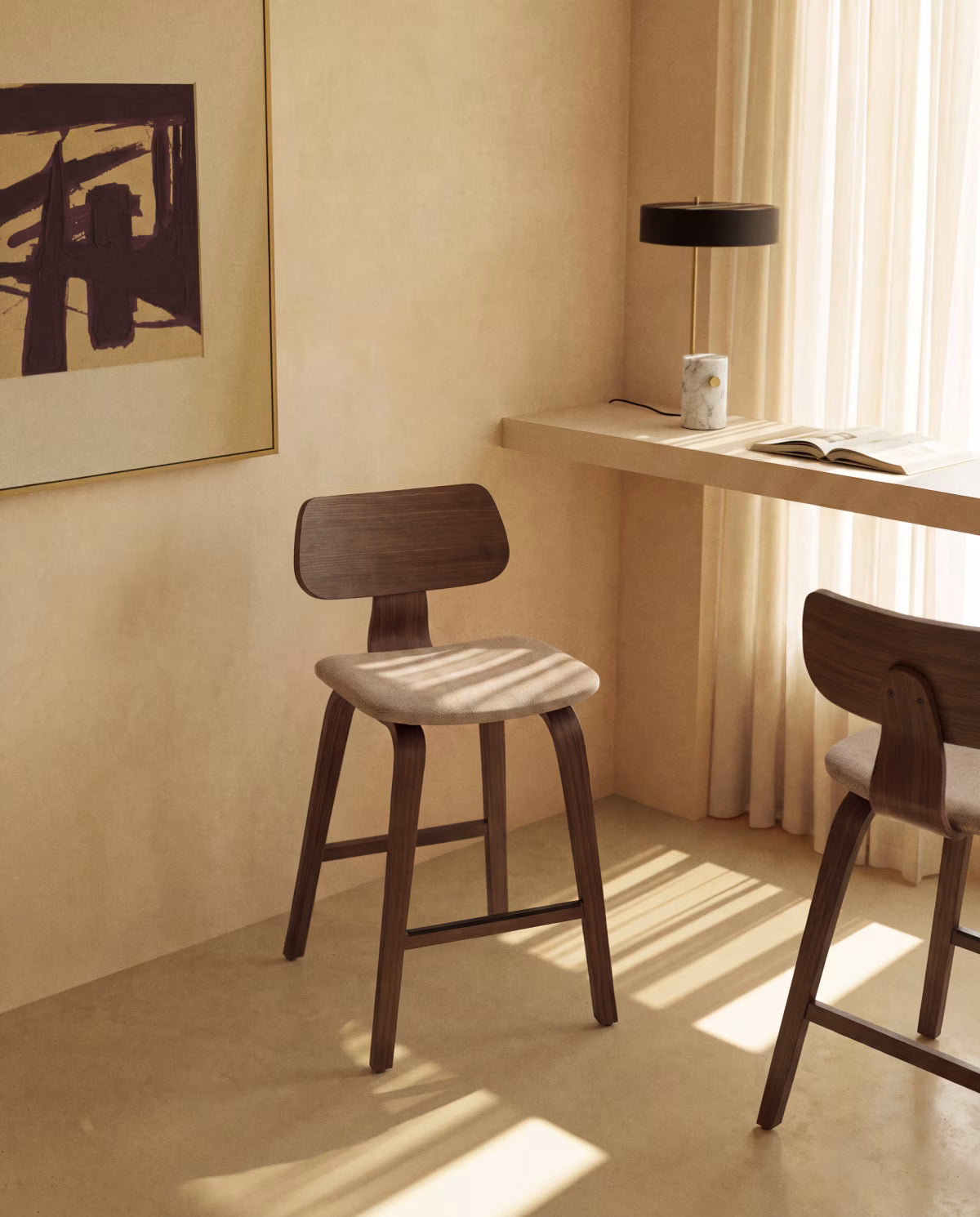 GENA bar stool in beige chenille with a veneered walnut base.