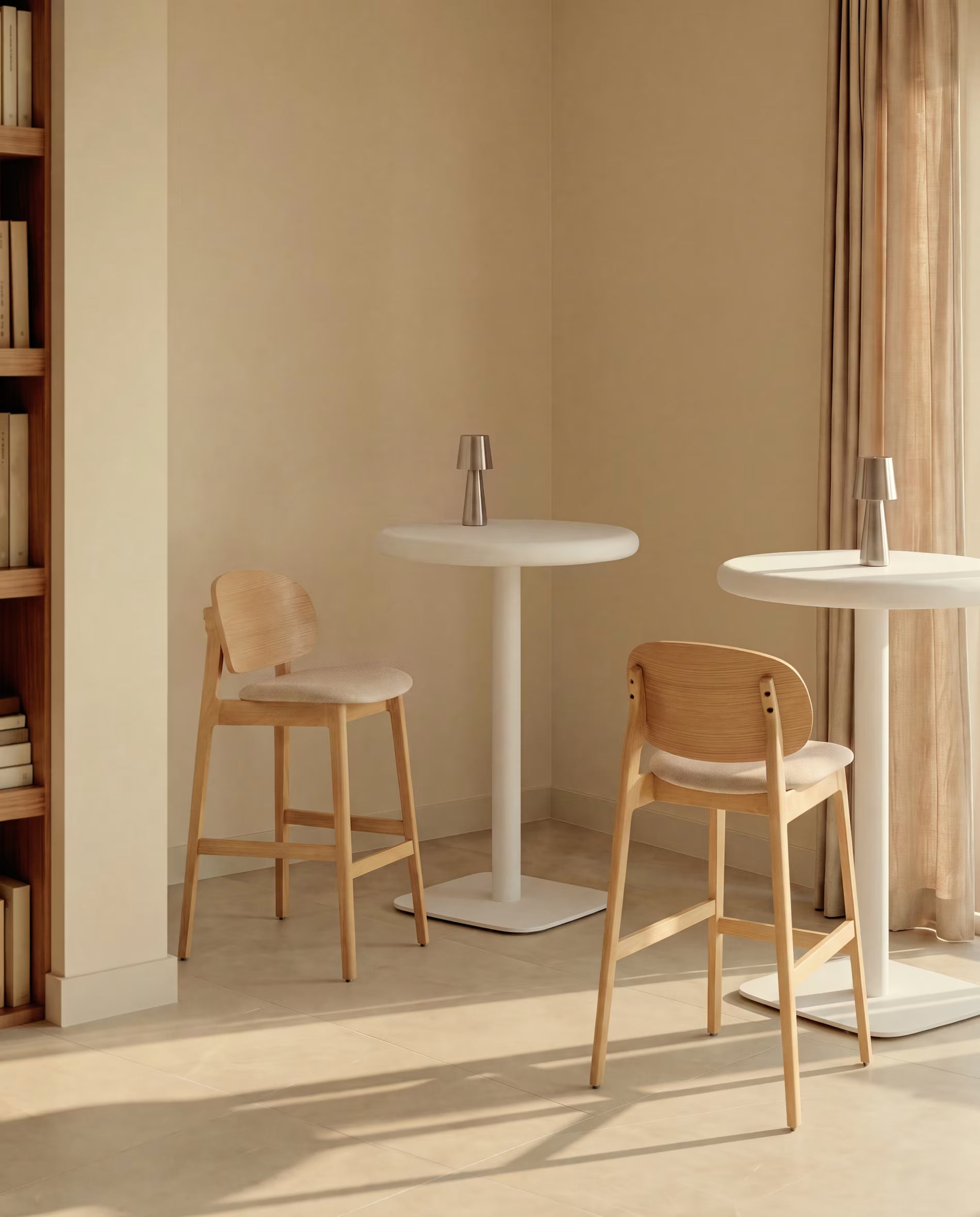LUDARA Bar Stool in Beige Chenille with a Veneered Oak Base