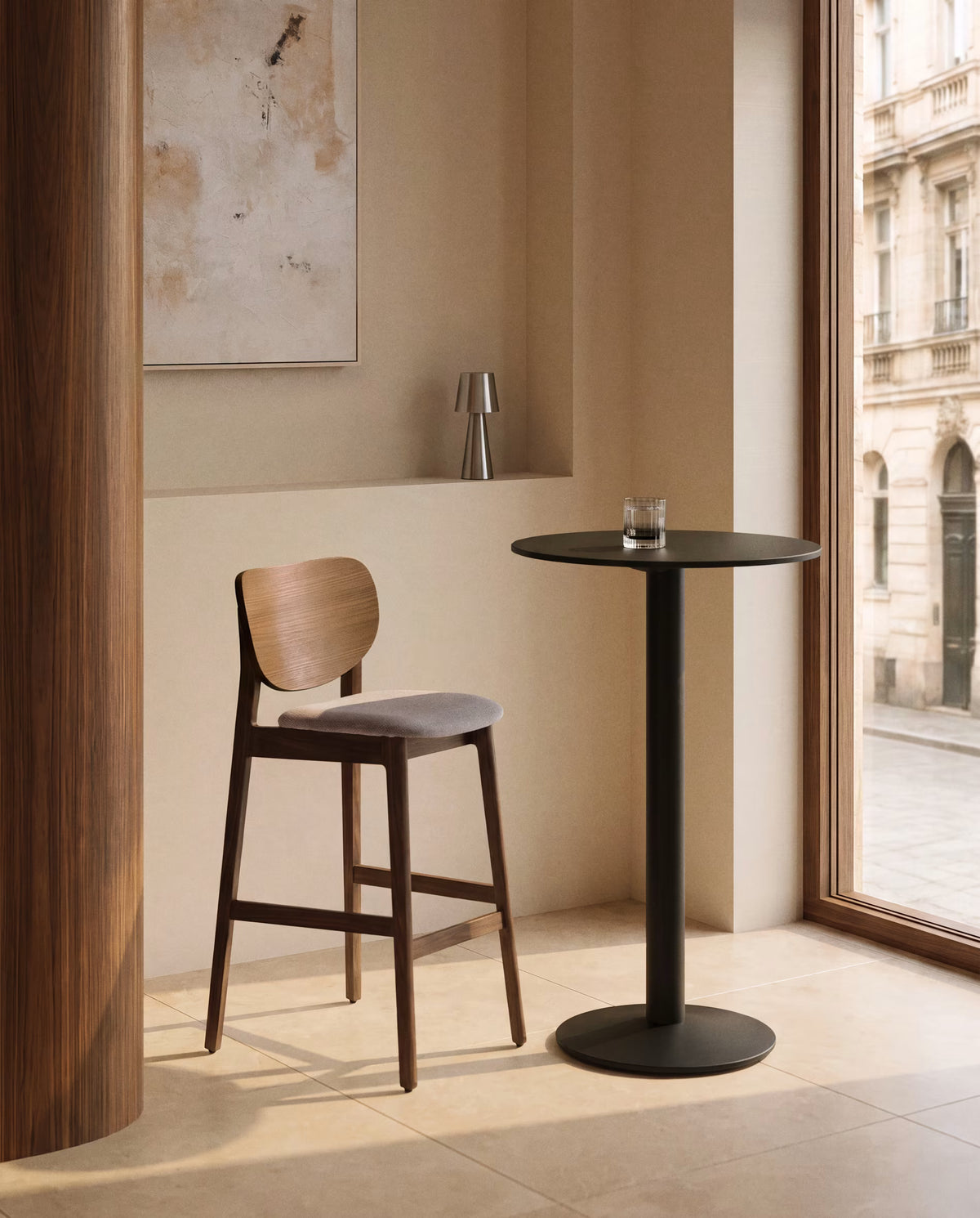 LUDARA Bar Stool in Brown Chenille with a Dark Veneered Oak Base