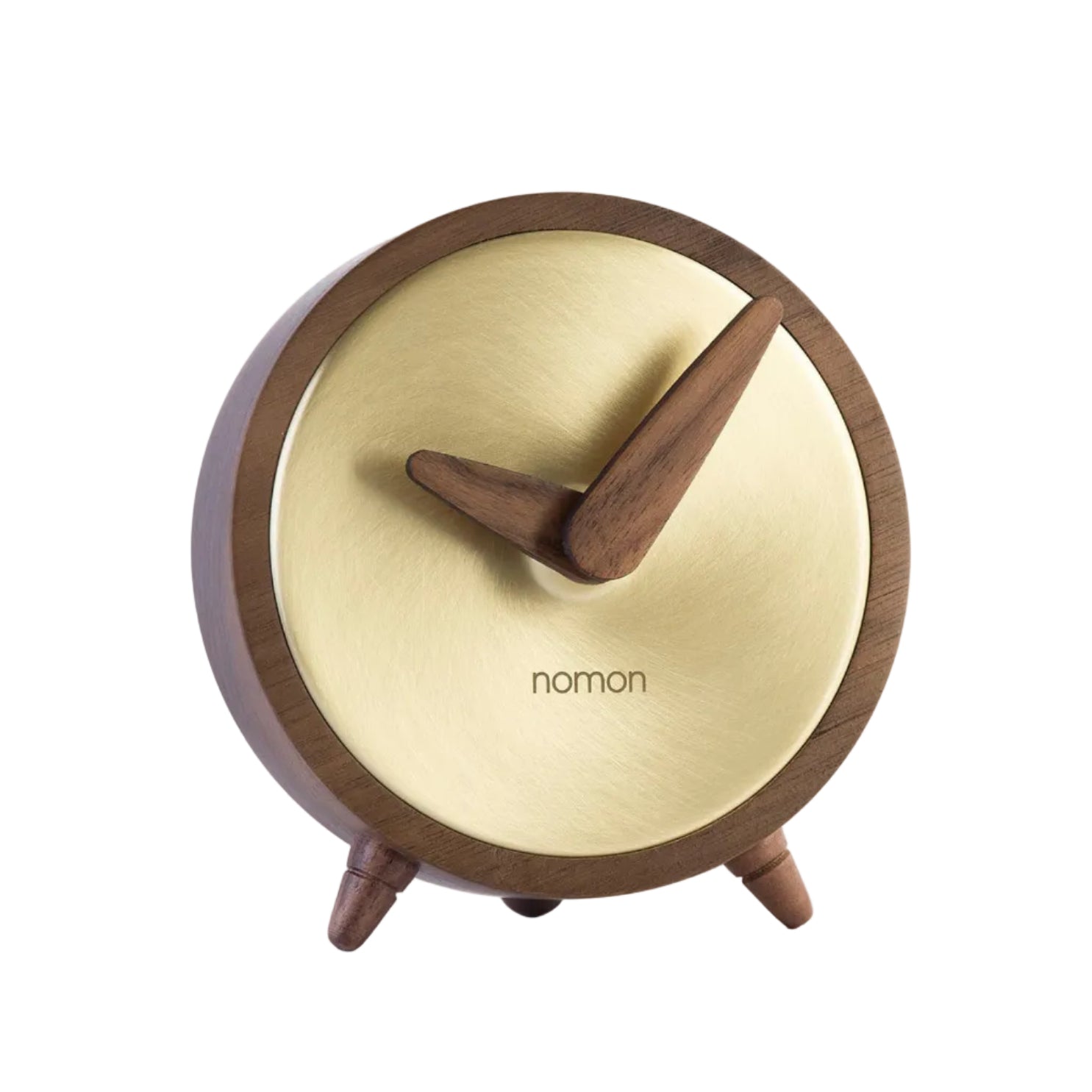 ATOMO walnut wood table clock with brass finish