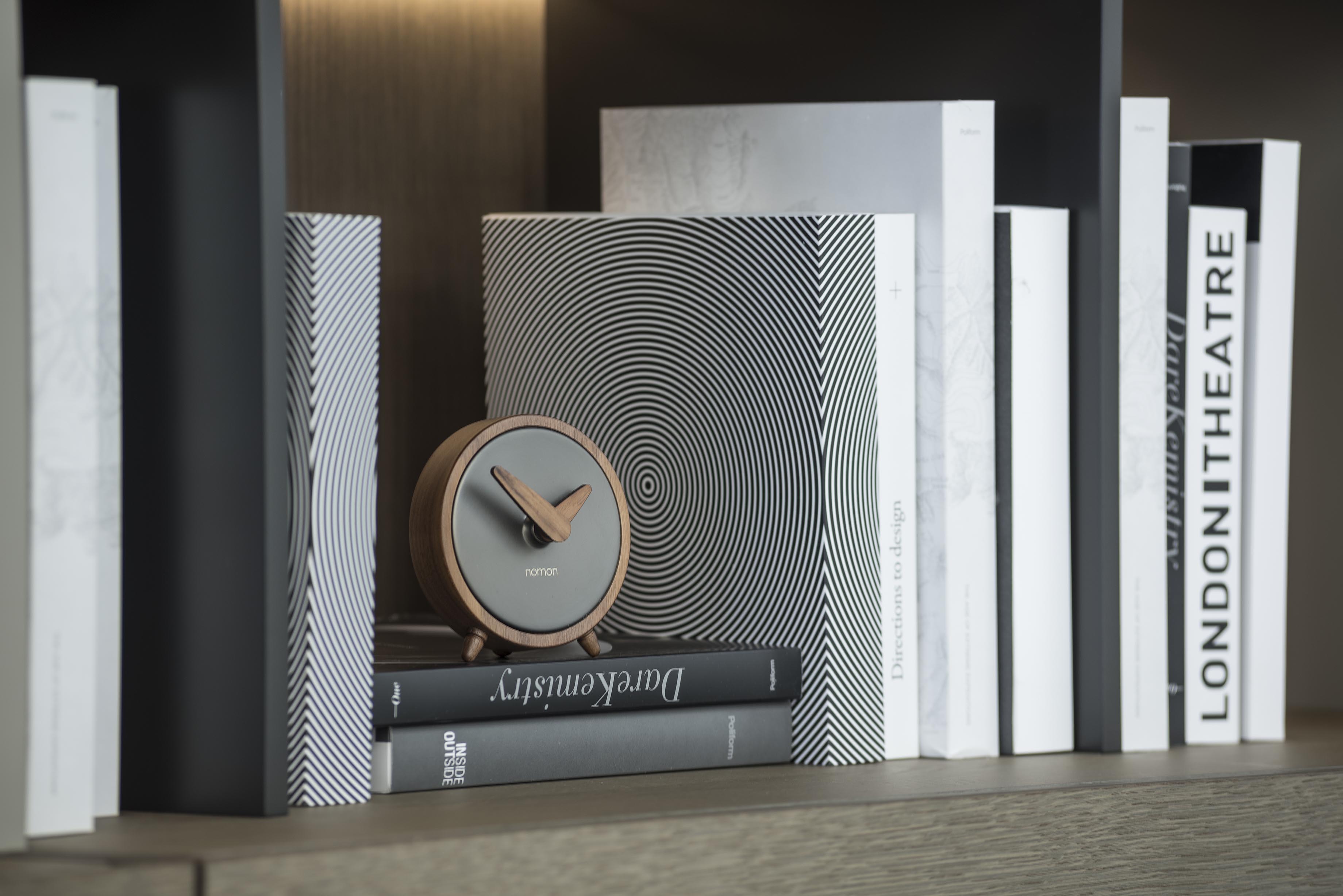 ATOMO table clock walnut wood with graphite finish
