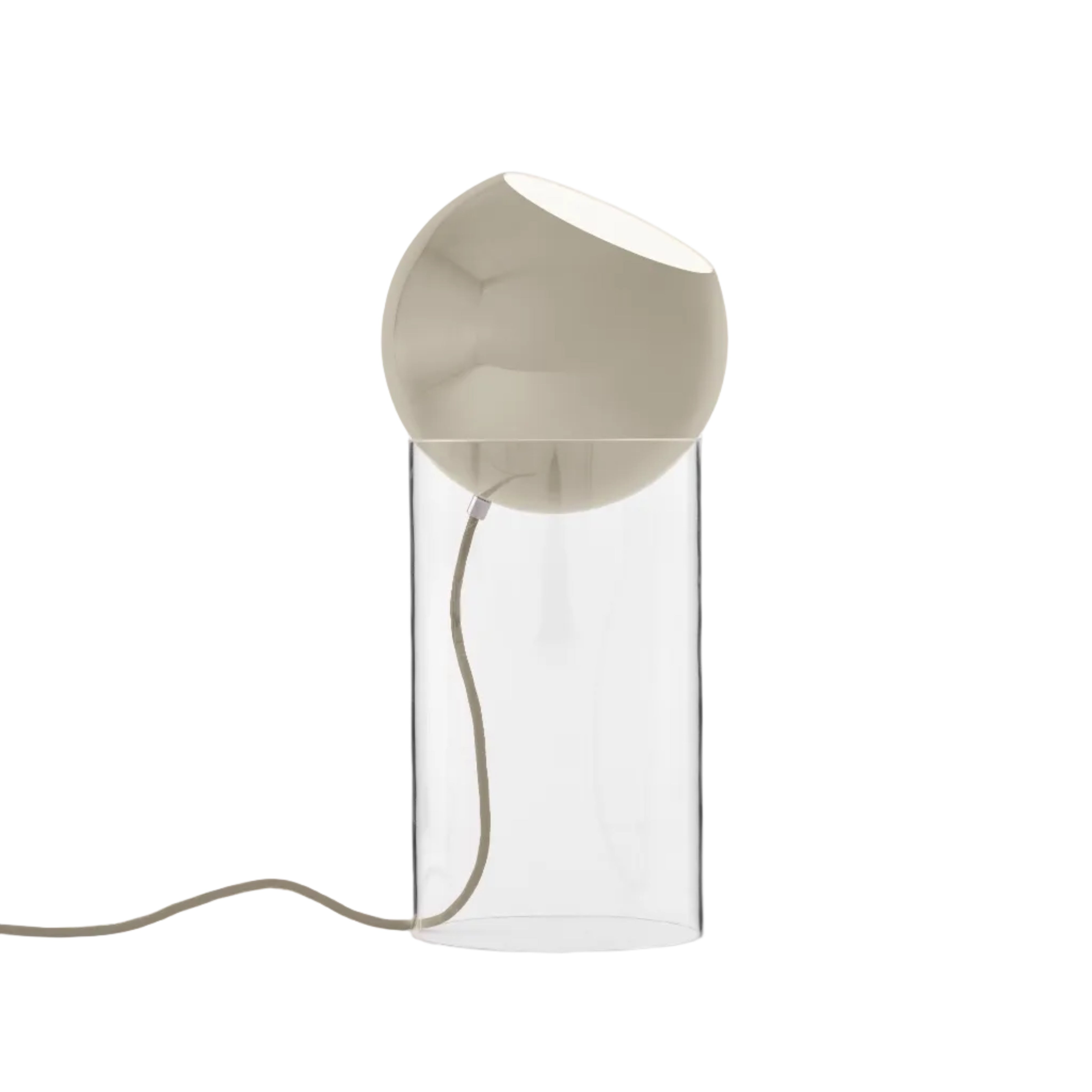 TOPAN table lamp with a gray-beige shade and a transparent base.