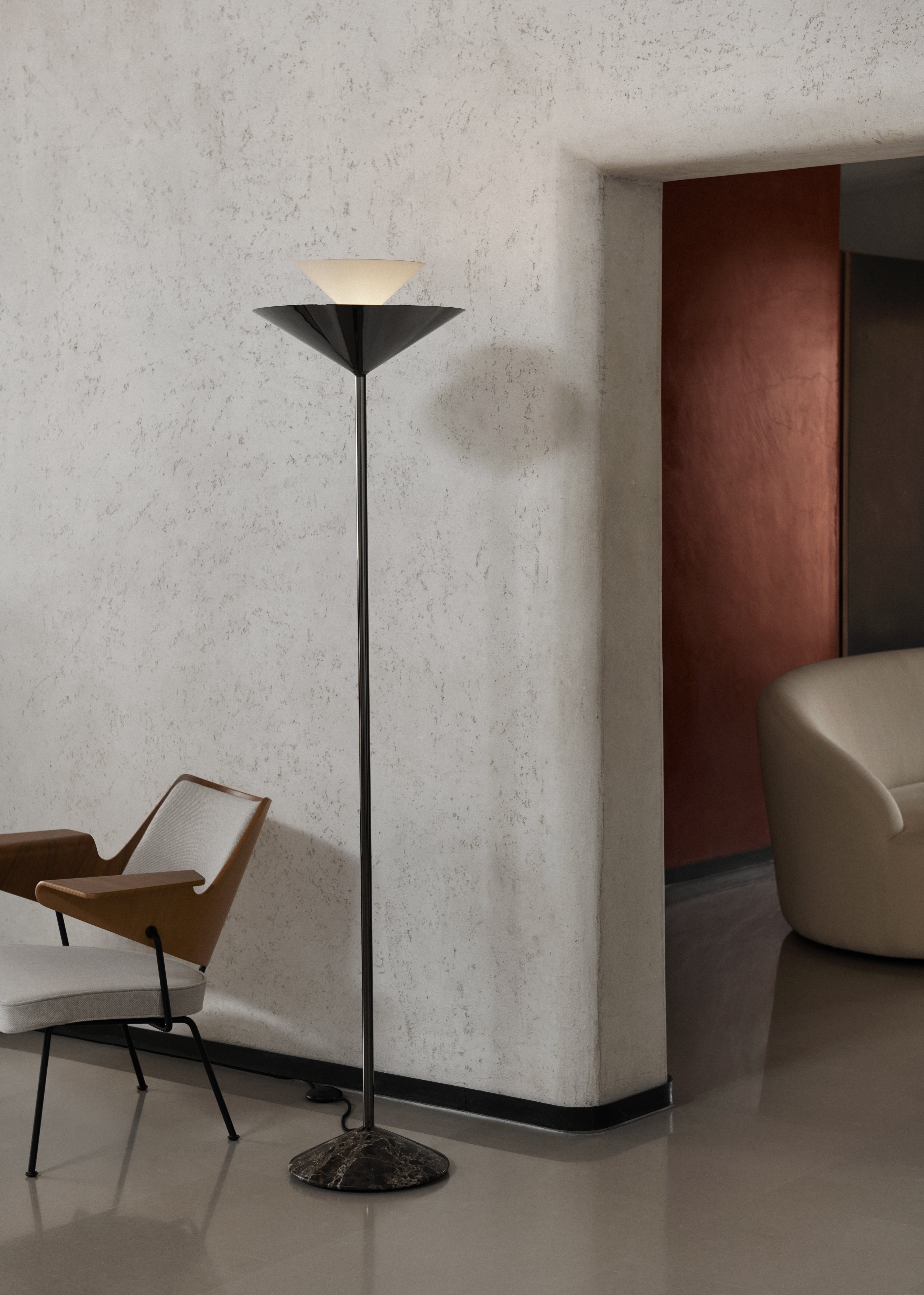 GIO LN28 Floor Lamp in Chrome with a Brown Marble Base