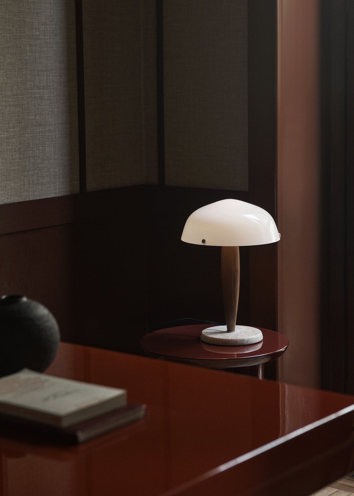 Table lamp HERMAN SHY3 opal glass with walnut wood and cream marble base