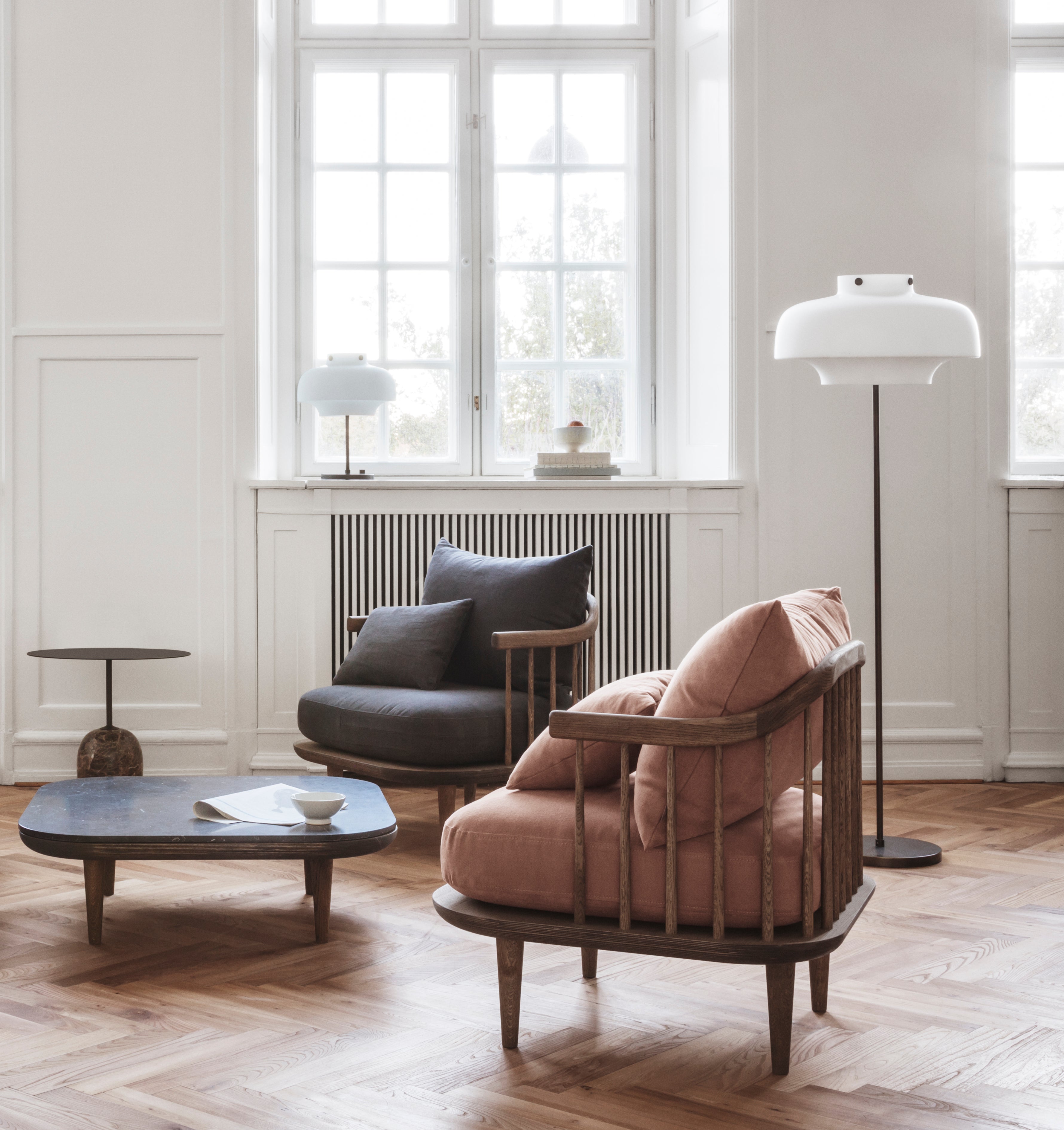 COPENHAGEN SC14 floor lamp with an opal shade and a bronzed brass base