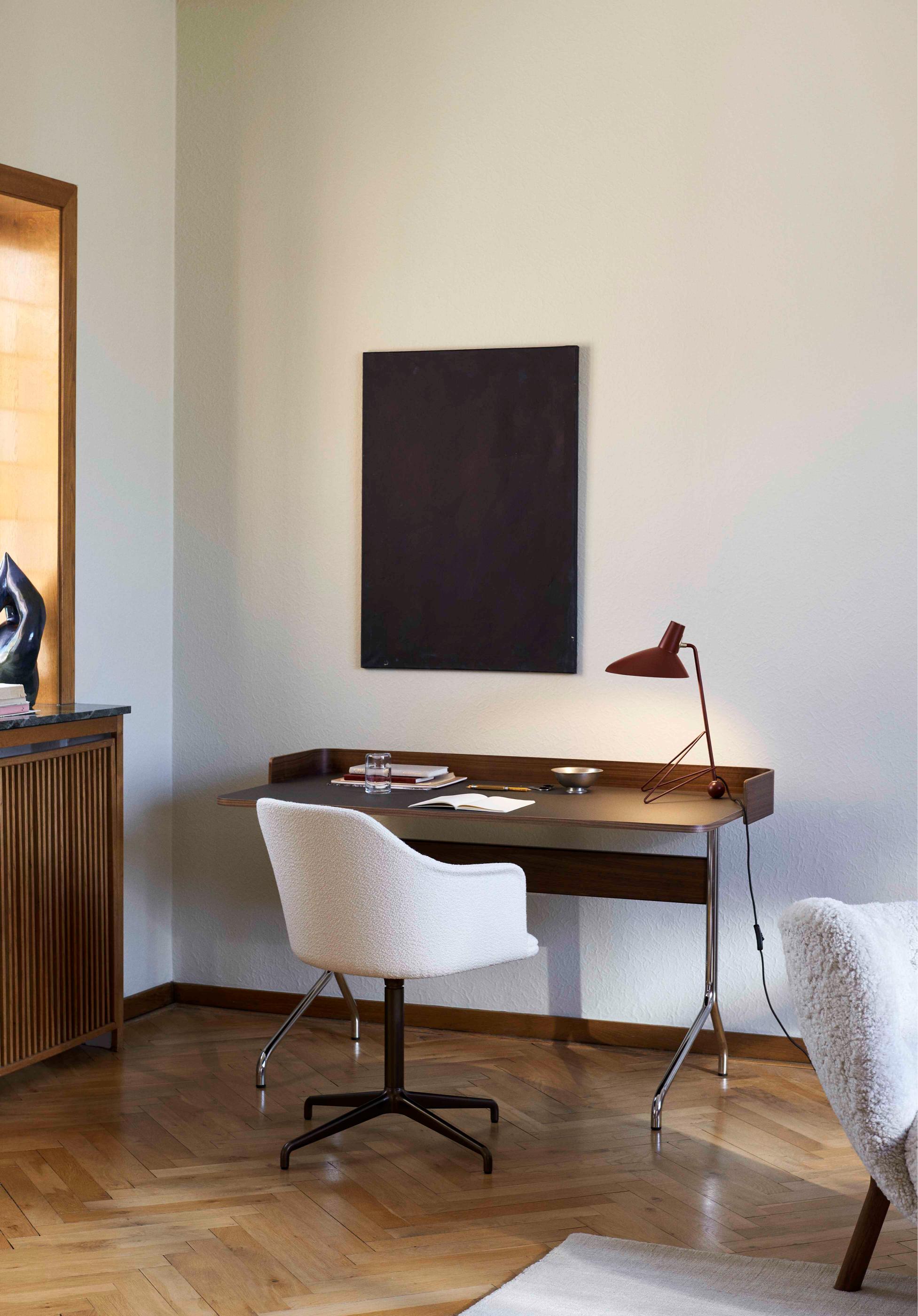 PAVILION desk with a graphite linoleum top, walnut finish, and steel base