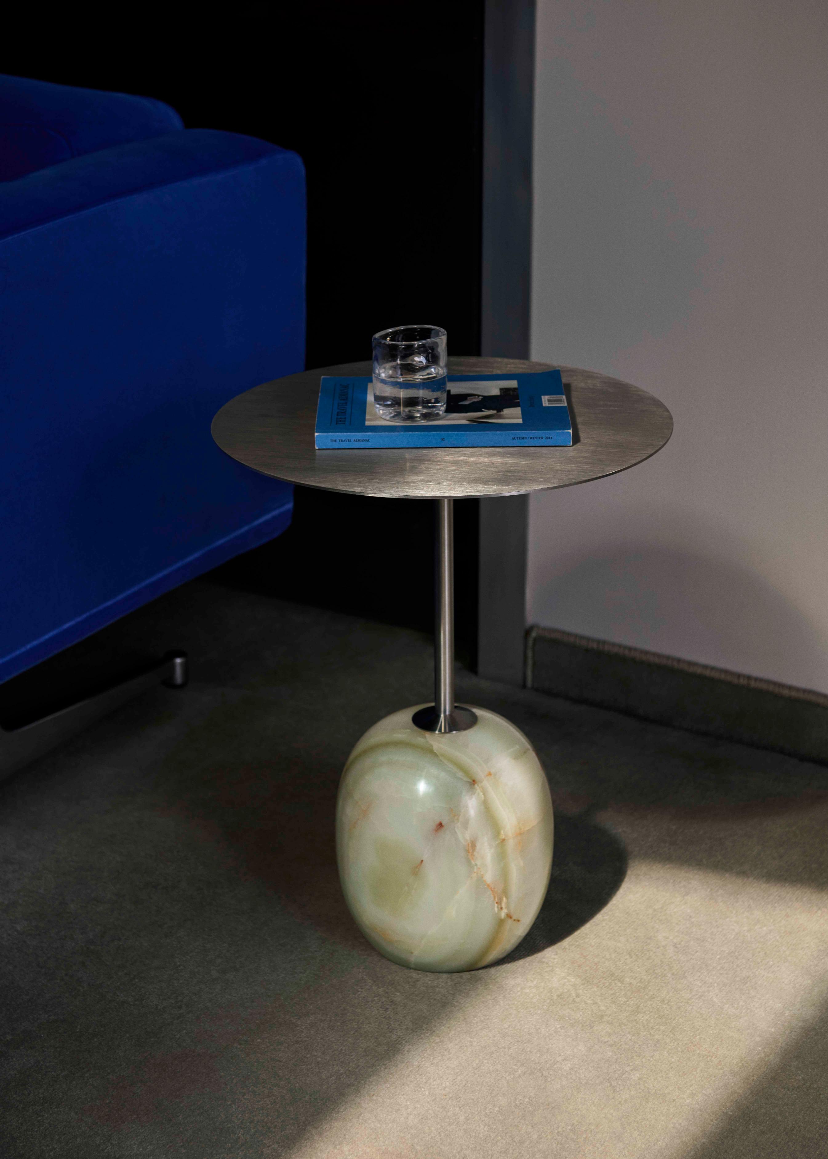 LATO side table with a cream top and beige marble base