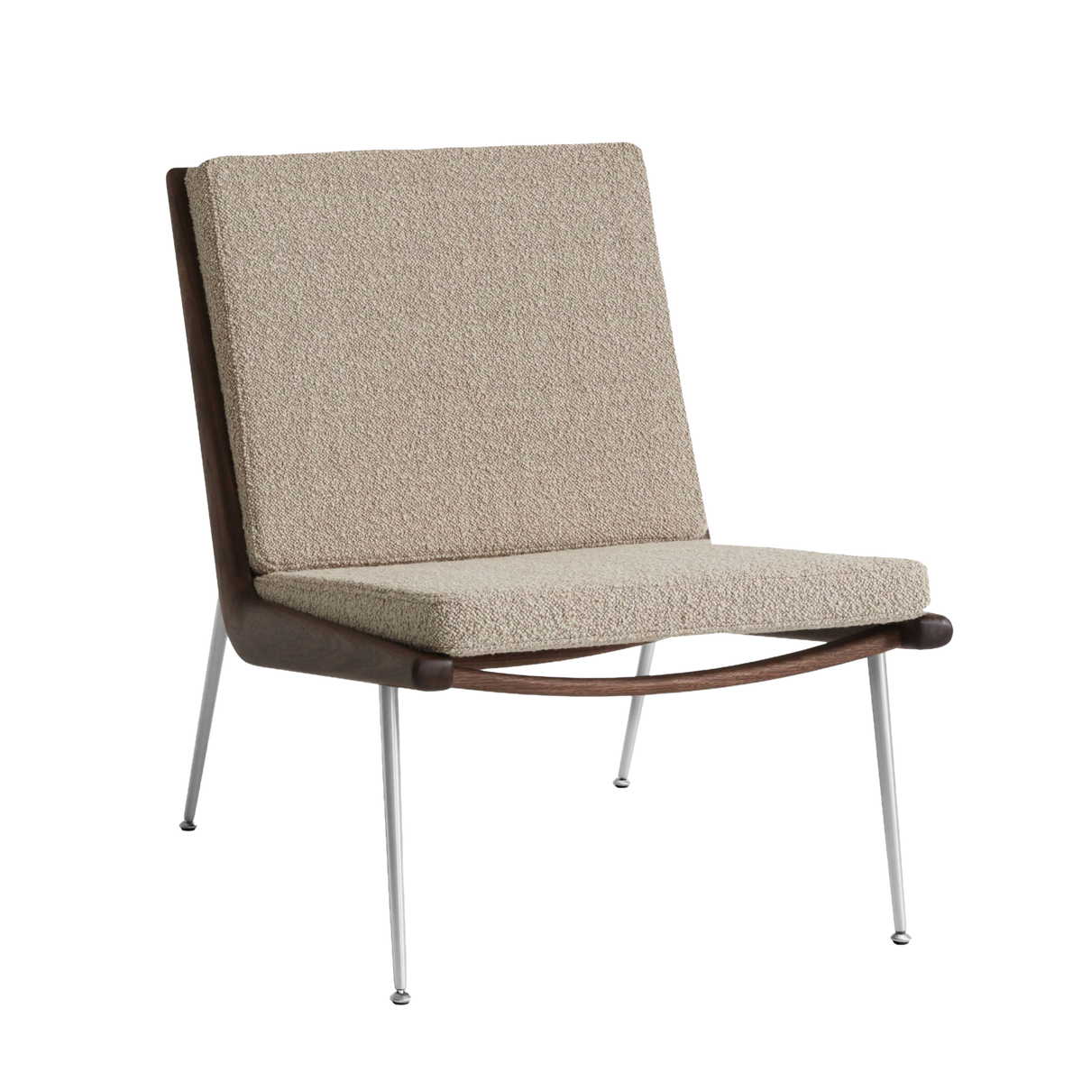 BOOMERANG HM1 armchair upholstered in walnut with a steel base