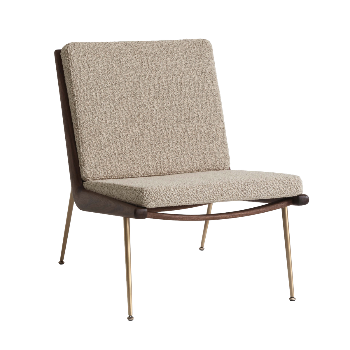 BOOMERANG HM1 Armchair upholstered in walnut with a brass base