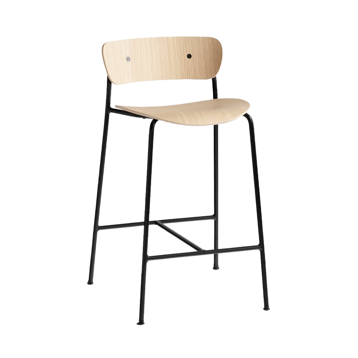 PAVILION Bar Stool with Backrest, Lacquered Oak and Black Steel Base