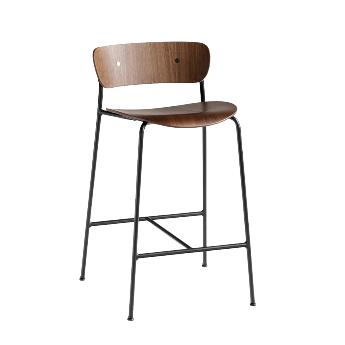 PAVILION Bar Stool with Backrest, Lacquered Walnut and Black Steel Base