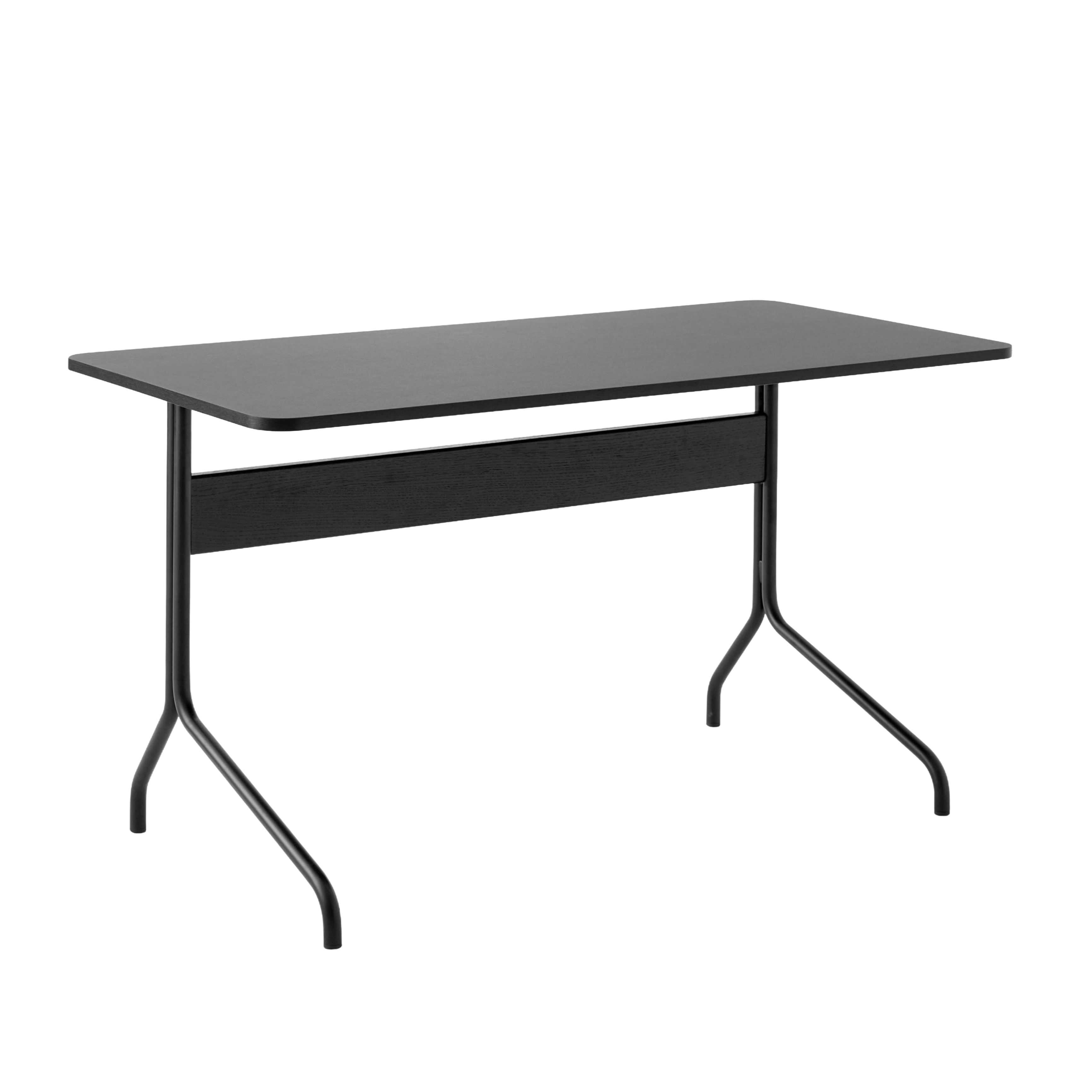 PAVILION desk with a black linoleum top, black oak finish, and black steel base